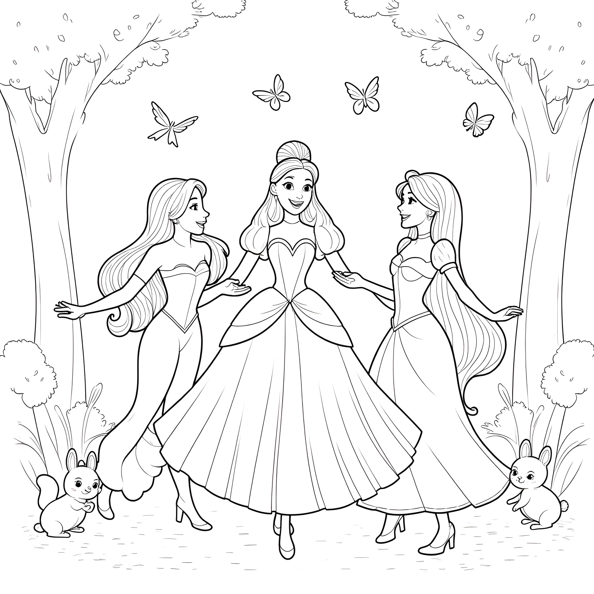 Princess Enjoying the Outdoors with Friends Coloring Page (free black-and-white line drawing printable PDF for all, from beginners to advanced learners, including children, teens, adults, and seniors)