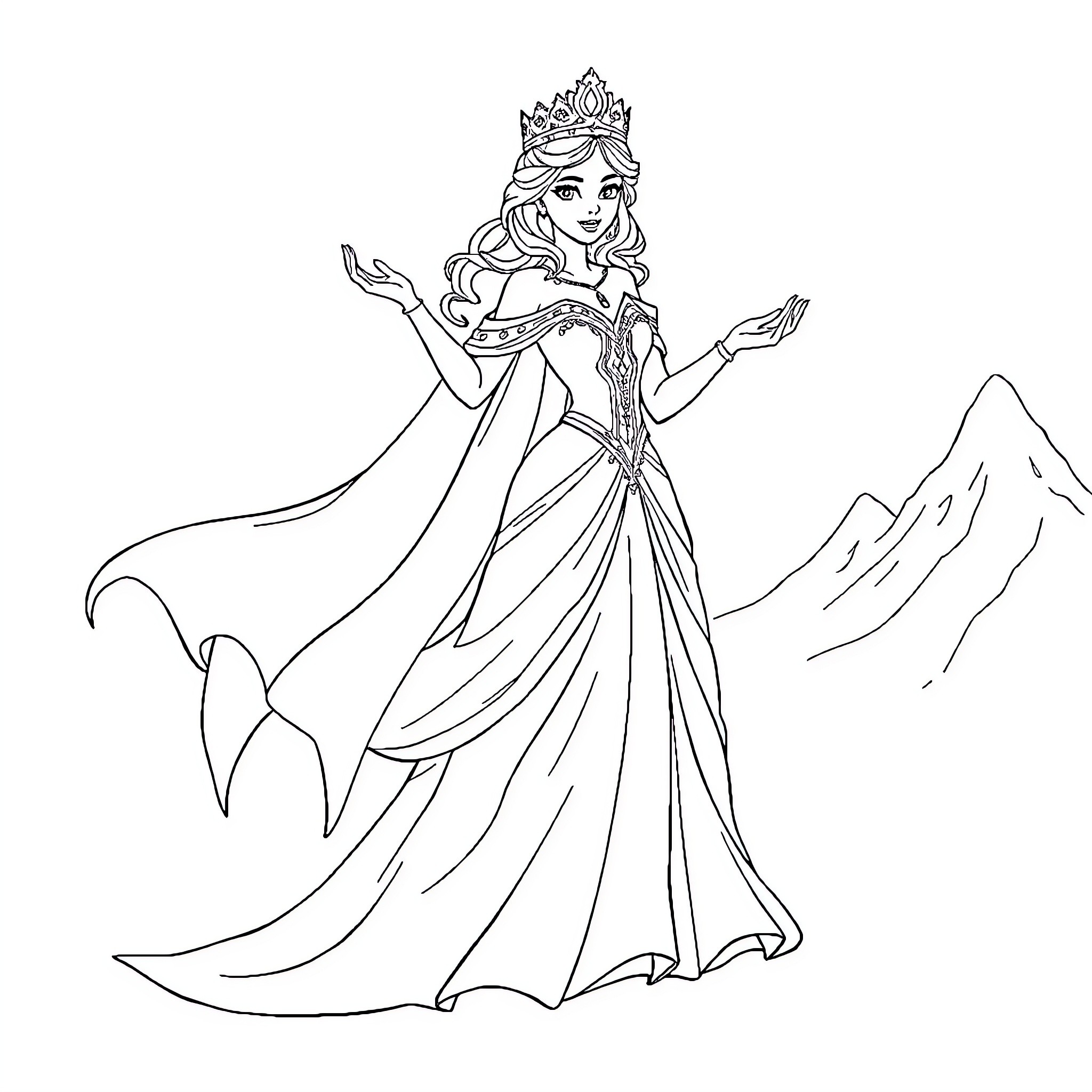 Snow Queen in a Majestic Gown and Crown Coloring Page (free black-and-white line drawing printable PDF for all, from beginners to advanced learners, including children, teens, adults, and seniors)