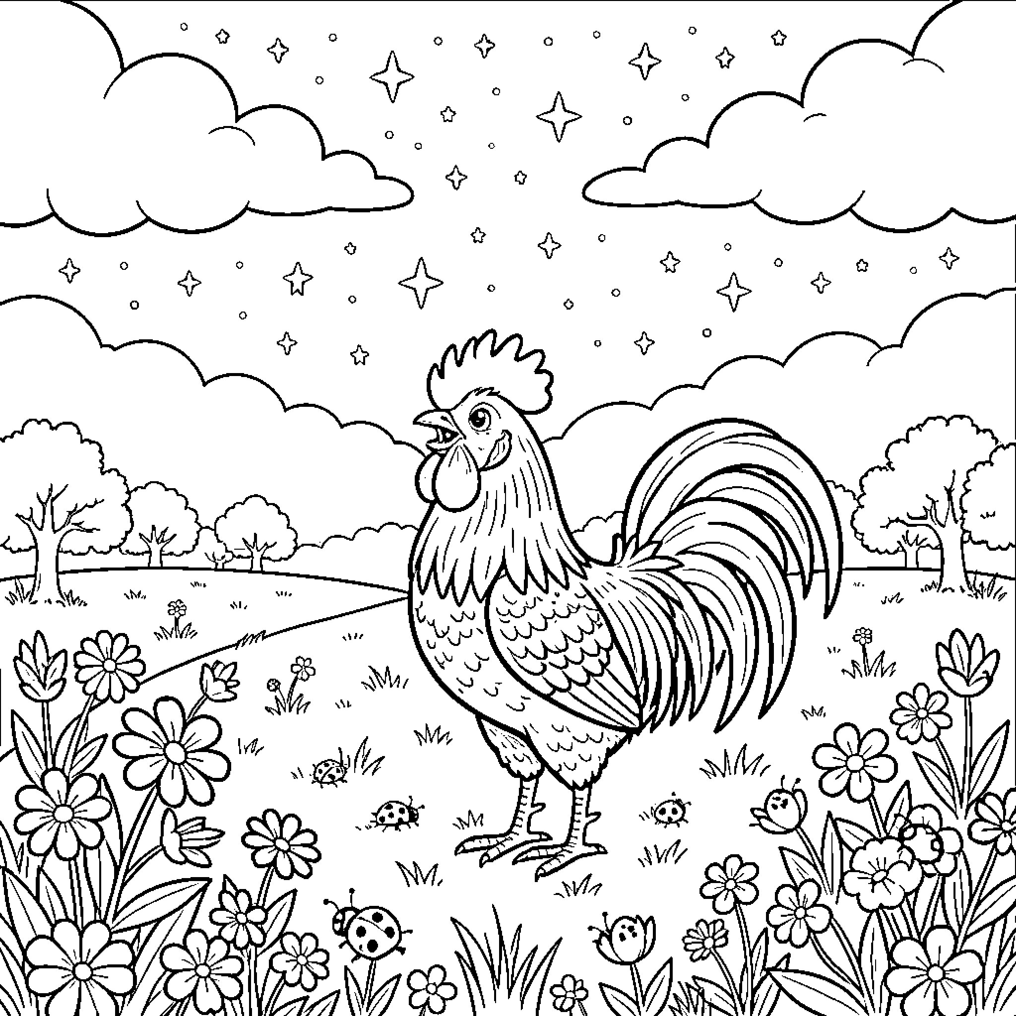 Rooster crowing proudly in a starry night field Coloring Page (free black-and-white line drawing printable PDF for all, from beginners to advanced learners, including children, teens, adults, and seniors)