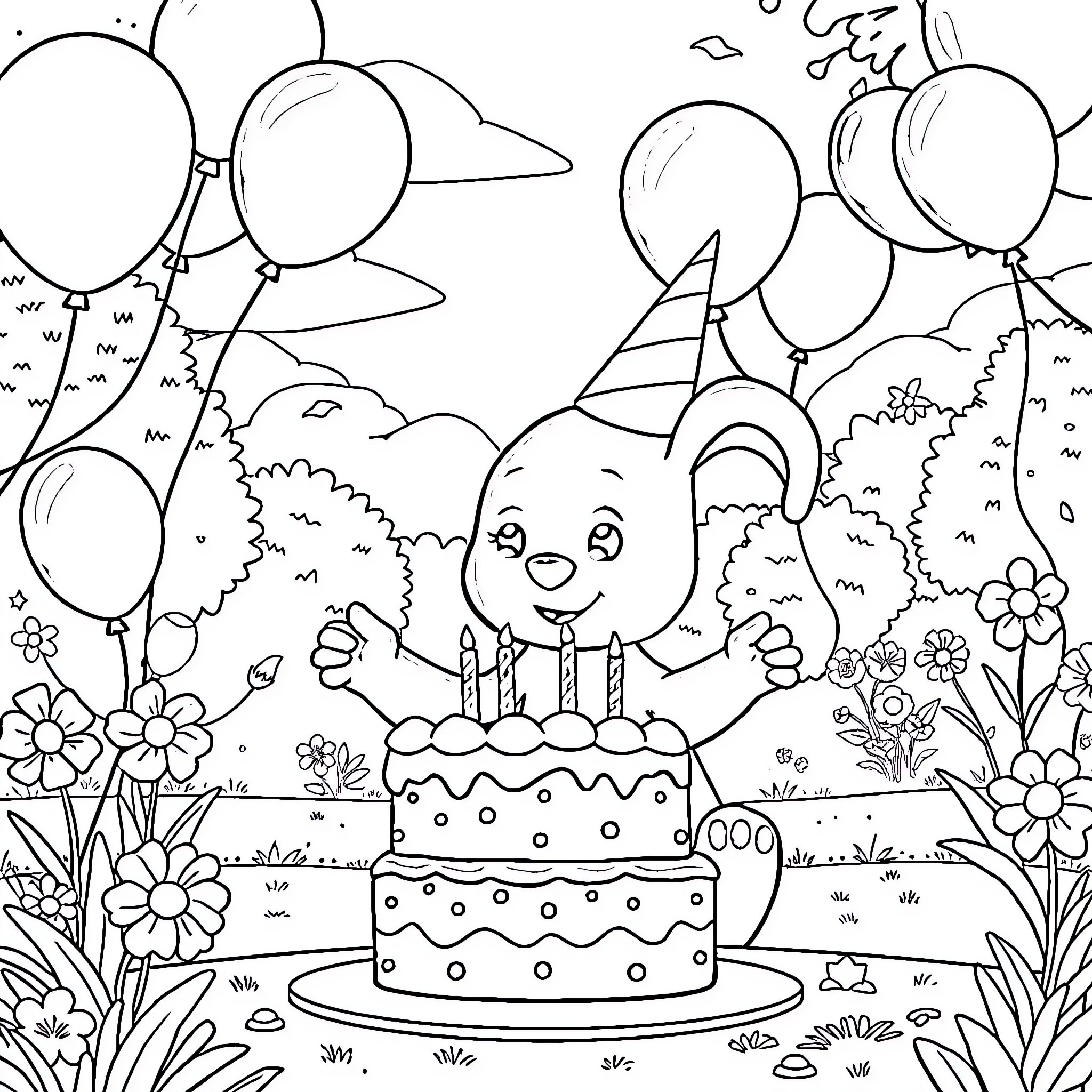 Bluey celebrates birthday with cake and balloons Coloring Page (free black-and-white line drawing printable PDF for all, from beginners to advanced learners, including children, teens, adults, and seniors)