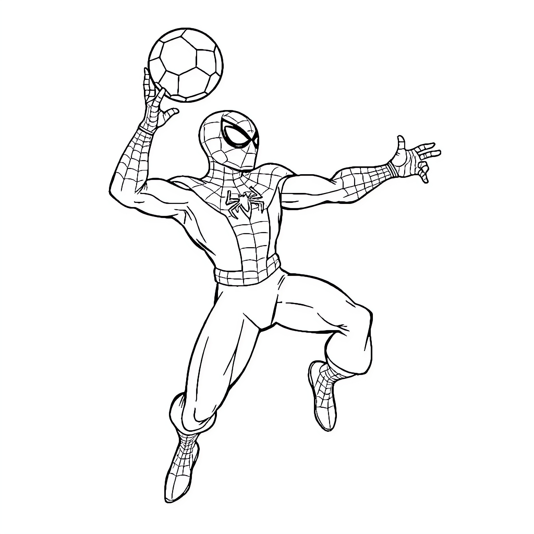 Spiderman leaping and catching a soccer ball Coloring Page (free black-and-white line drawing printable PDF for all, from beginners to advanced learners, including children, teens, adults, and seniors)