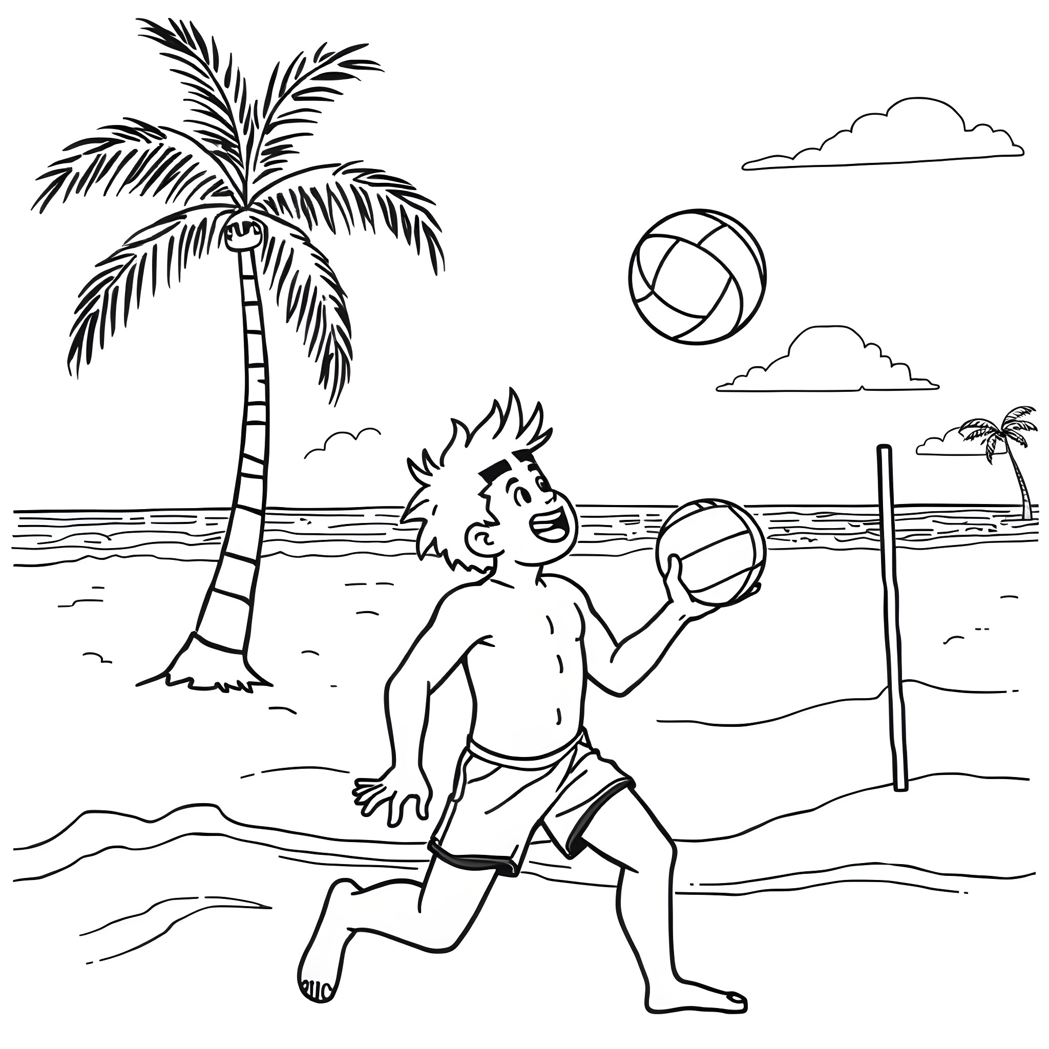 Gojo's Beachtime Fun and Games Coloring Page (free black-and-white line drawing printable PDF for all, from beginners to advanced learners, including children, teens, adults, and seniors)
