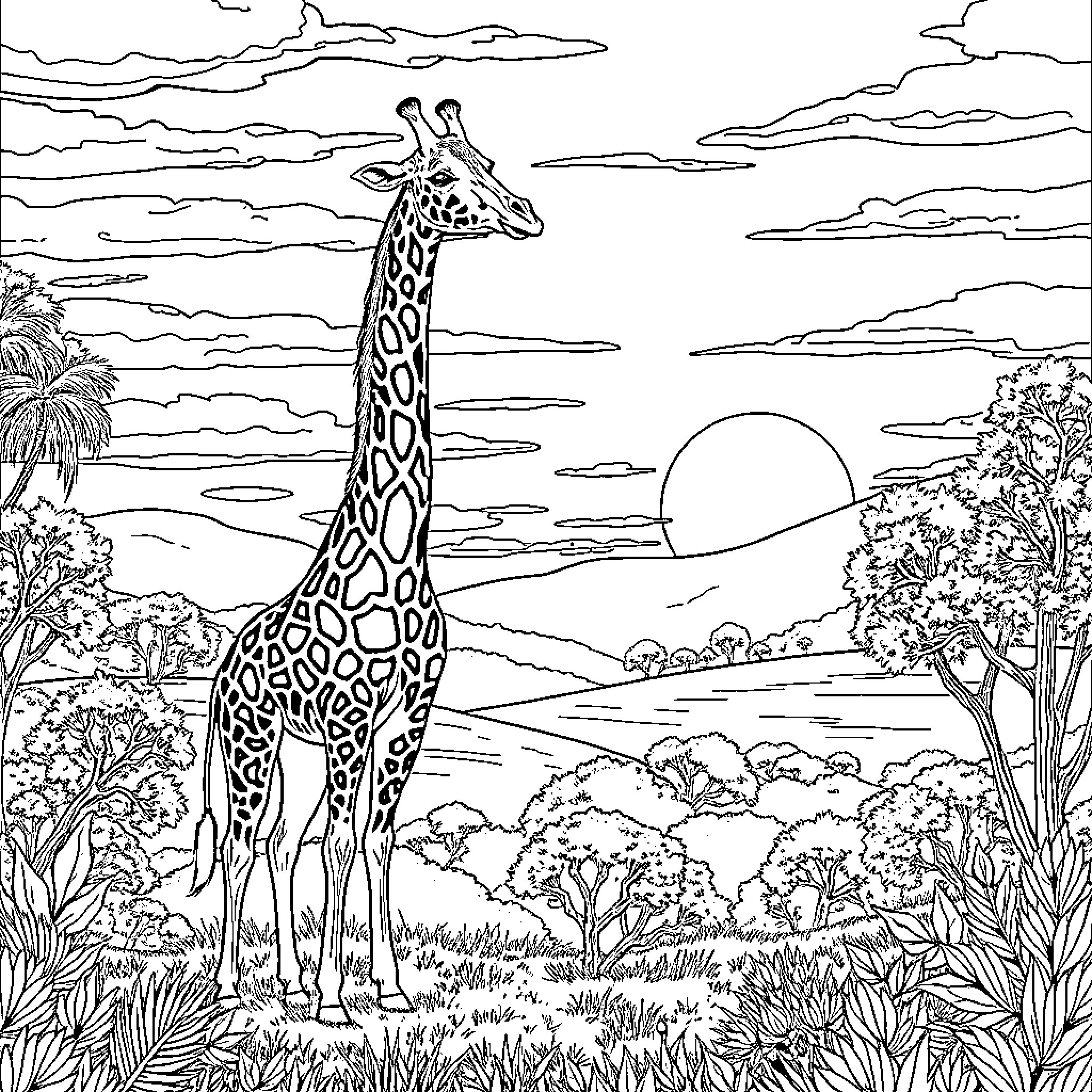 Giraffe standing tall in serene landscape Coloring Page (free black-and-white line drawing printable PDF for all, from beginners to advanced learners, including children, teens, adults, and seniors)