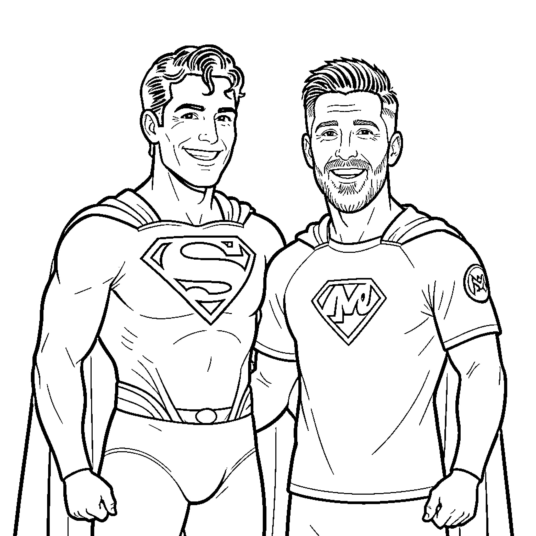 Superman smiling alongside a man in a hero outfit Coloring Page (free black-and-white line drawing printable PDF for all, from beginners to advanced learners, including children, teens, adults, and seniors)