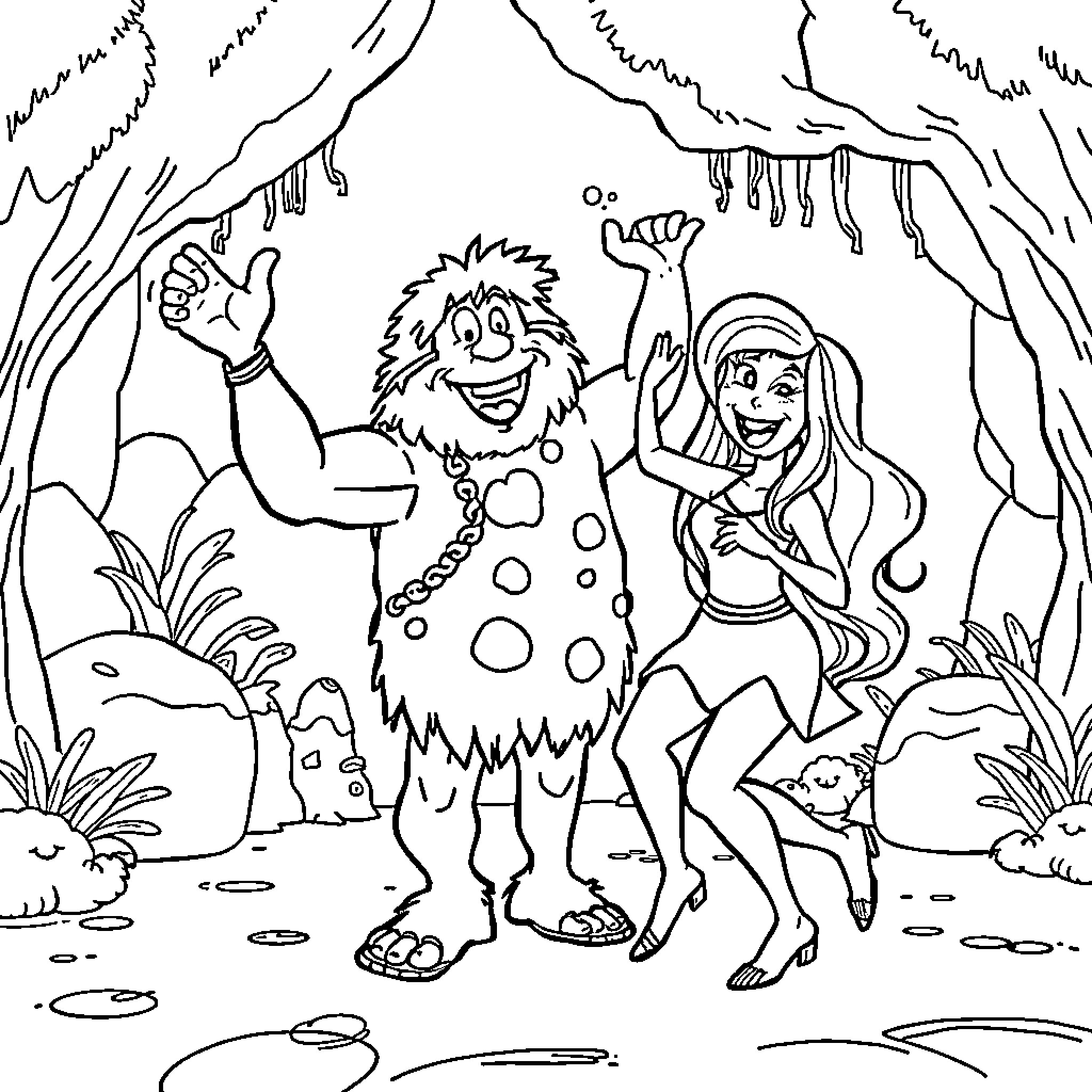 Captain Caveman's Prehistoric Adventure with Cavewoman Coloring Page (free black-and-white line drawing printable PDF for all, from beginners to advanced learners, including children, teens, adults, and seniors)
