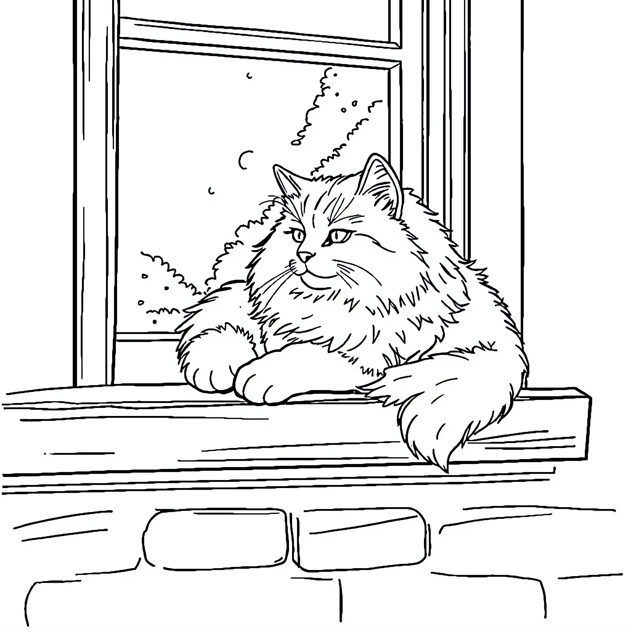 Cat relaxing on windowsill Coloring Page (free black-and-white line drawing printable PDF for all, from beginners to advanced learners, including children, teens, adults, and seniors)