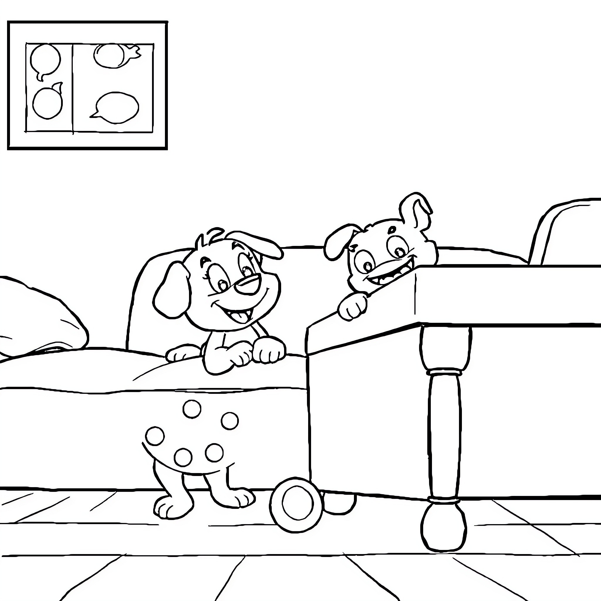 Bluey and friends playing happily in the yard Coloring Page (free black-and-white line drawing printable PDF for all, from beginners to advanced learners, including children, teens, adults, and seniors)