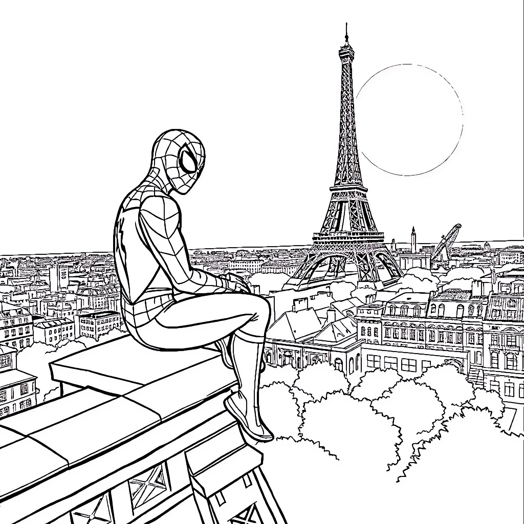 Spiderman overlooking the Eiffel Tower in Paris Coloring Page (free black-and-white line drawing printable PDF for all, from beginners to advanced learners, including children, teens, adults, and seniors)