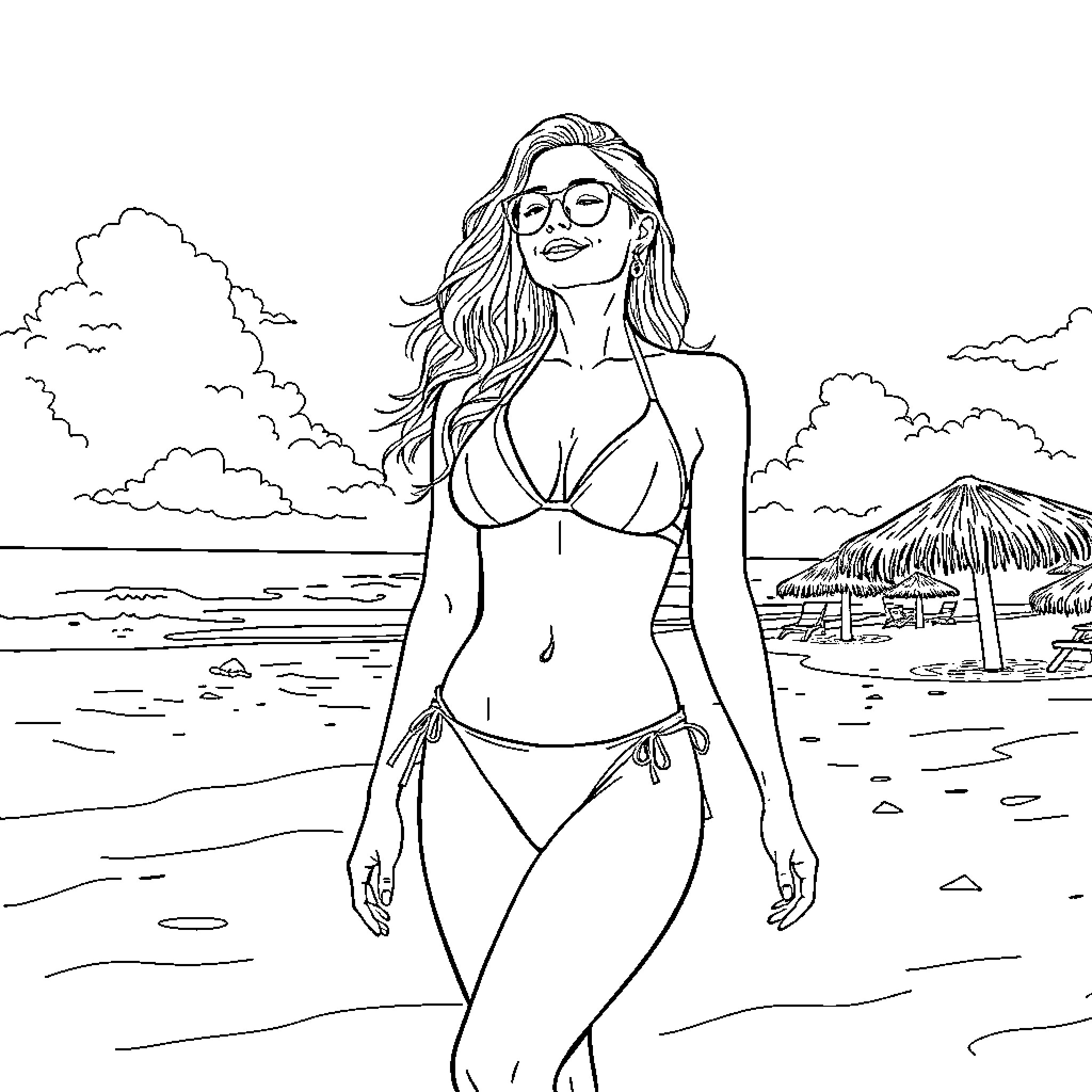 Bikini-clad Woman on Tropical Beach Coloring Page (free black-and-white line drawing printable PDF for all, from beginners to advanced learners, including children, teens, adults, and seniors)