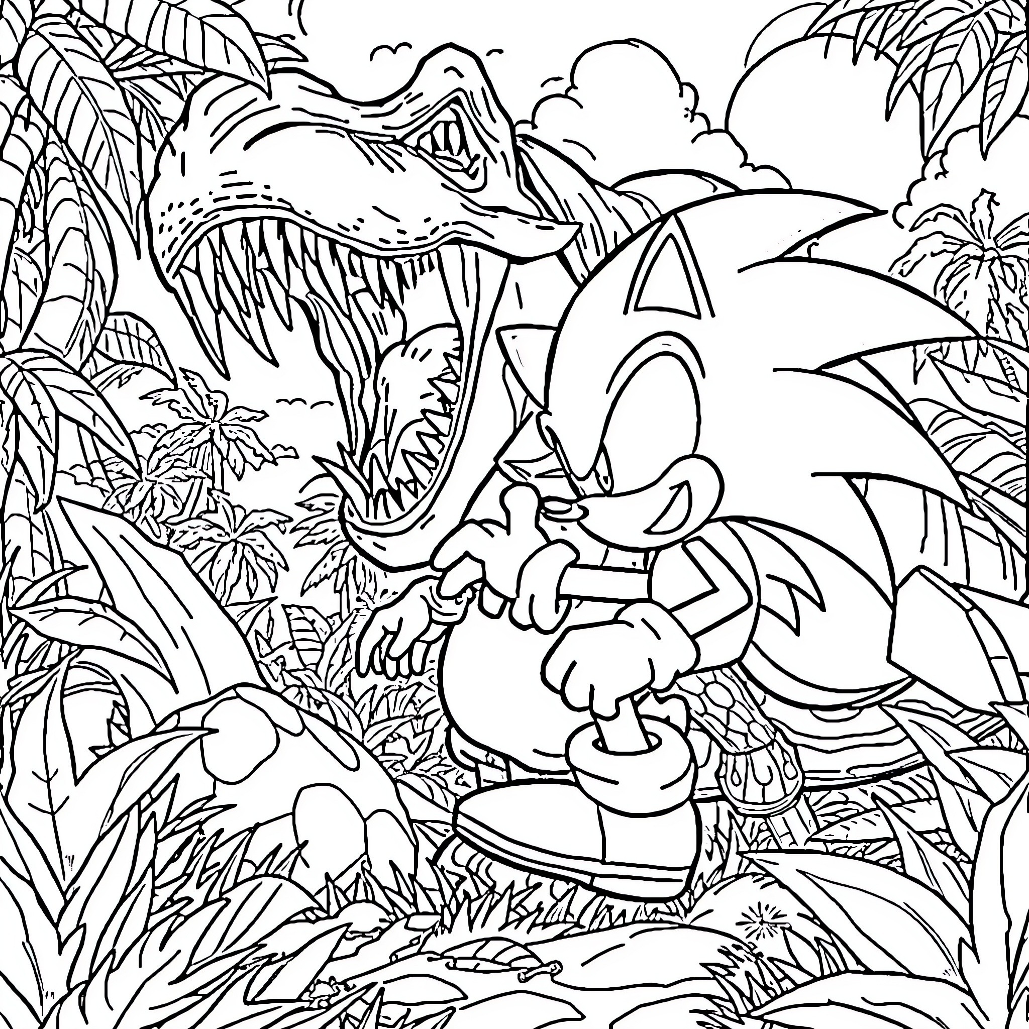 Sonic Confronting a Ferocious Dinosaur in the Jungle Coloring Page (free black-and-white line drawing printable PDF for all, from beginners to advanced learners, including children, teens, adults, and seniors)