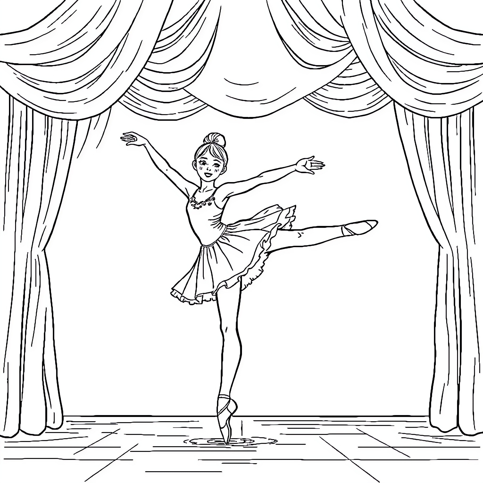 Ballet Girl Performing Graceful Dance on Stage Coloring Page (free black-and-white line drawing printable PDF for all, from beginners to advanced learners, including children, teens, adults, and seniors)