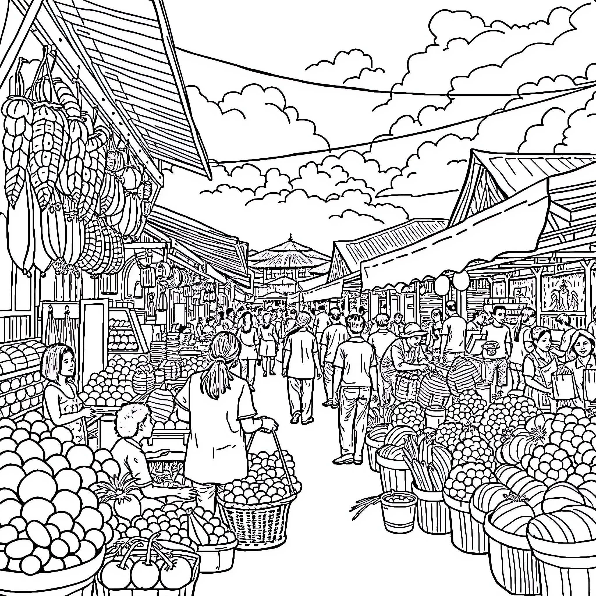 Tungtungsahur: Bustling Market Scene with Vibrant Stalls Coloring Page (free black-and-white line drawing printable PDF for all, from beginners to advanced learners, including children, teens, adults, and seniors)