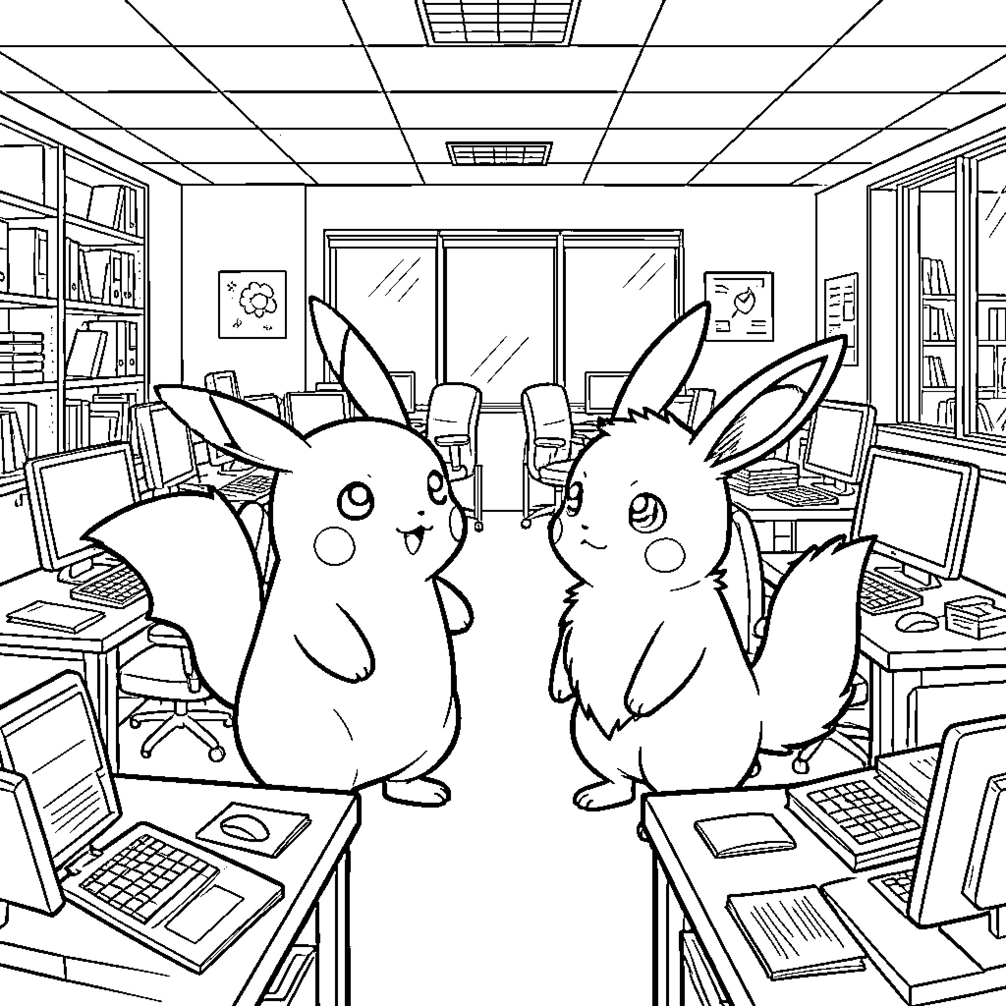 Pikachu and Eevee interacting in a classroom setting Coloring Page (free black-and-white line drawing printable PDF for all, from beginners to advanced learners, including children, teens, adults, and seniors)