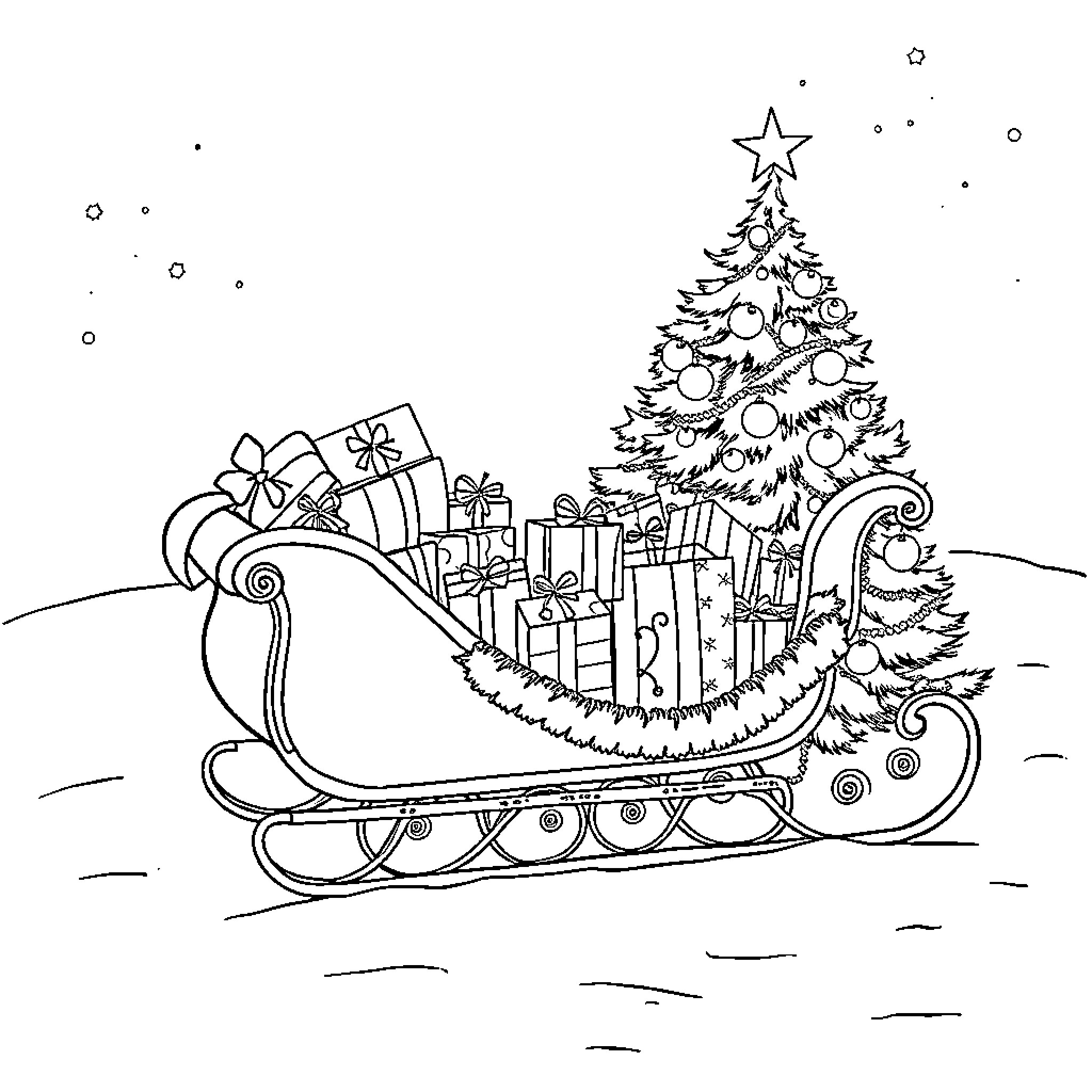 Sleigh with Christmas tree and presents Coloring Page (free black-and-white line drawing printable PDF for all, from beginners to advanced learners, including children, teens, adults, and seniors)