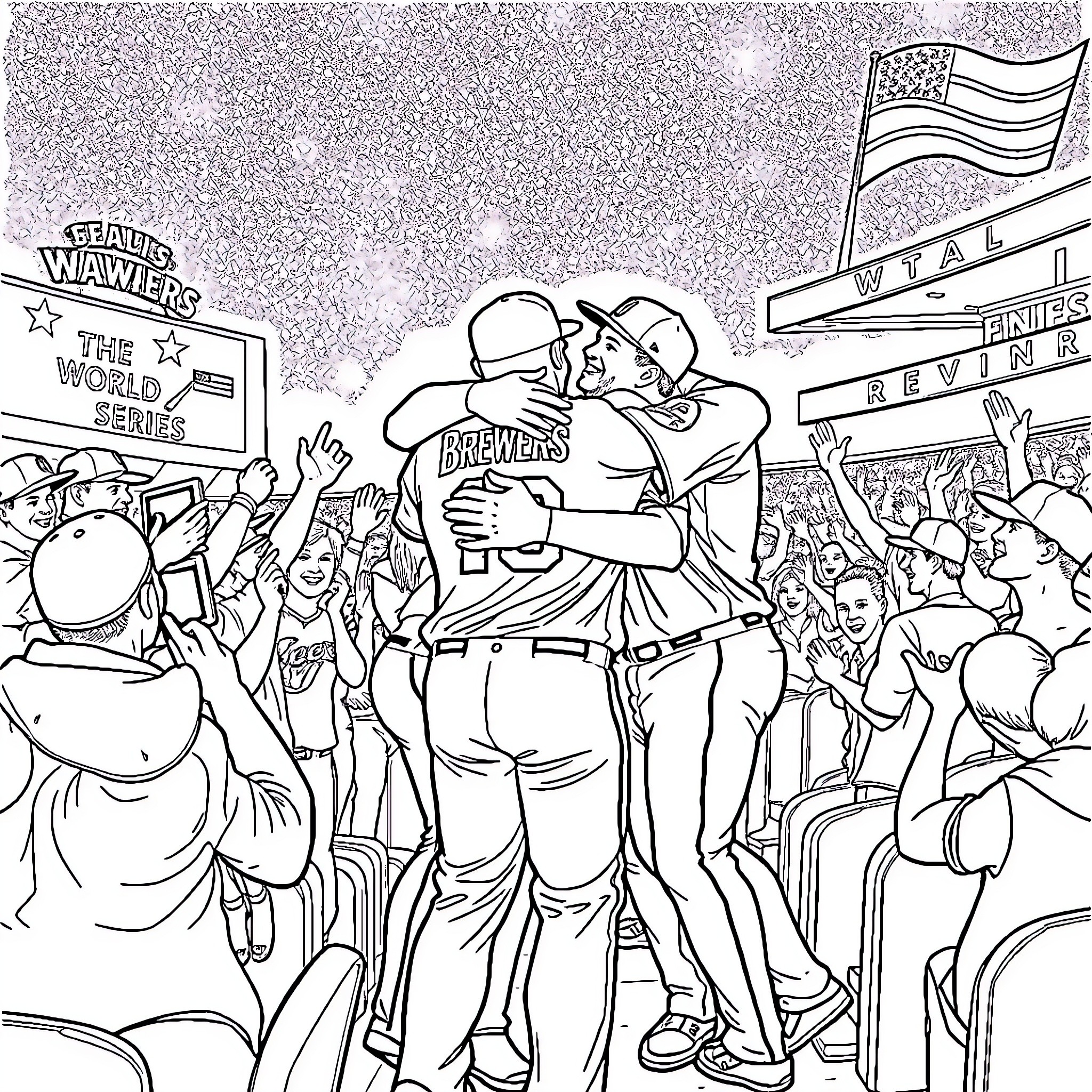 Brewer's Embrace After World Series Victory Coloring Page (free black-and-white line drawing printable PDF for all, from beginners to advanced learners, including children, teens, adults, and seniors)