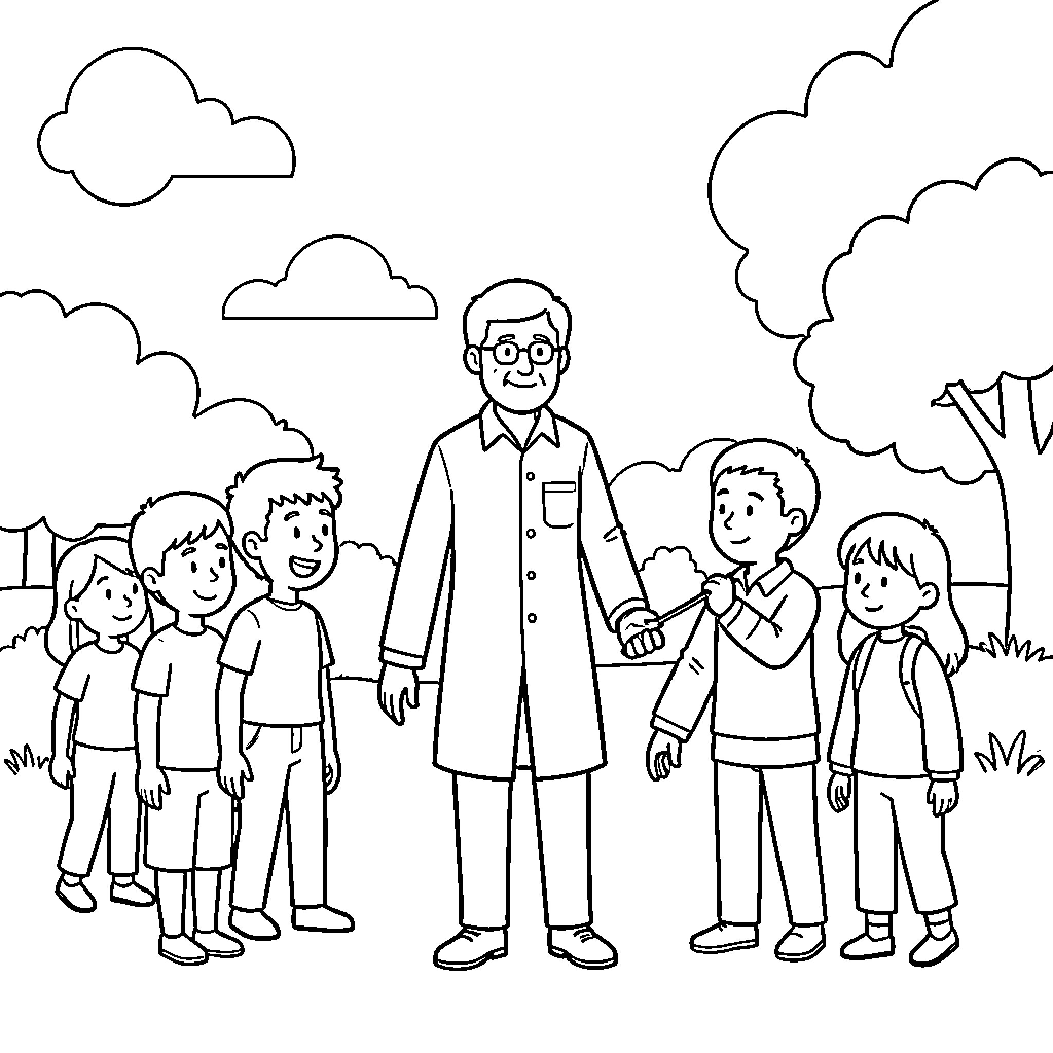 Caudillo standing with children in an outdoor setting Coloring Page (free black-and-white line drawing printable PDF for all, from beginners to advanced learners, including children, teens, adults, and seniors)