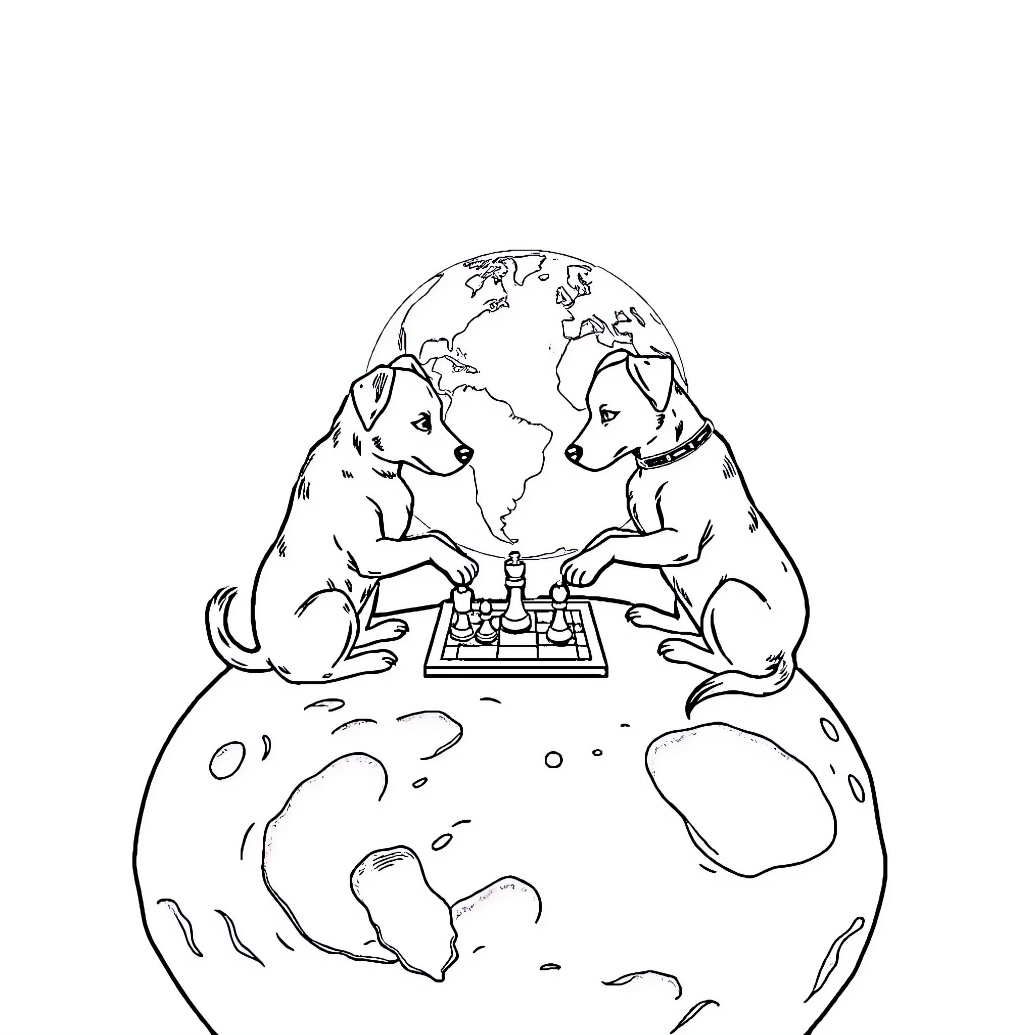 Dog playing chess on the globe Coloring Page (free black-and-white line drawing printable PDF for all, from beginners to advanced learners, including children, teens, adults, and seniors)