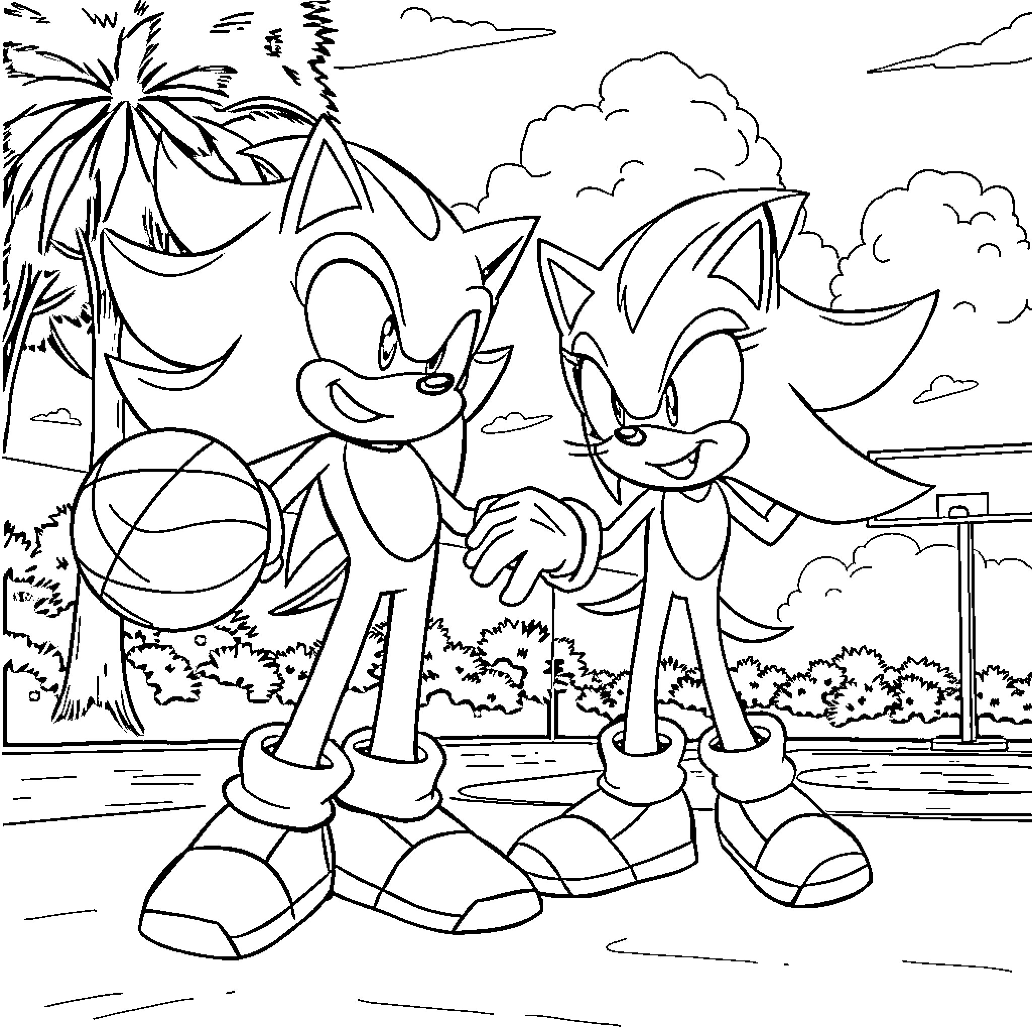Sonic characters playing in a tropical paradise Coloring Page (free black-and-white line drawing printable PDF for all, from beginners to advanced learners, including children, teens, adults, and seniors)