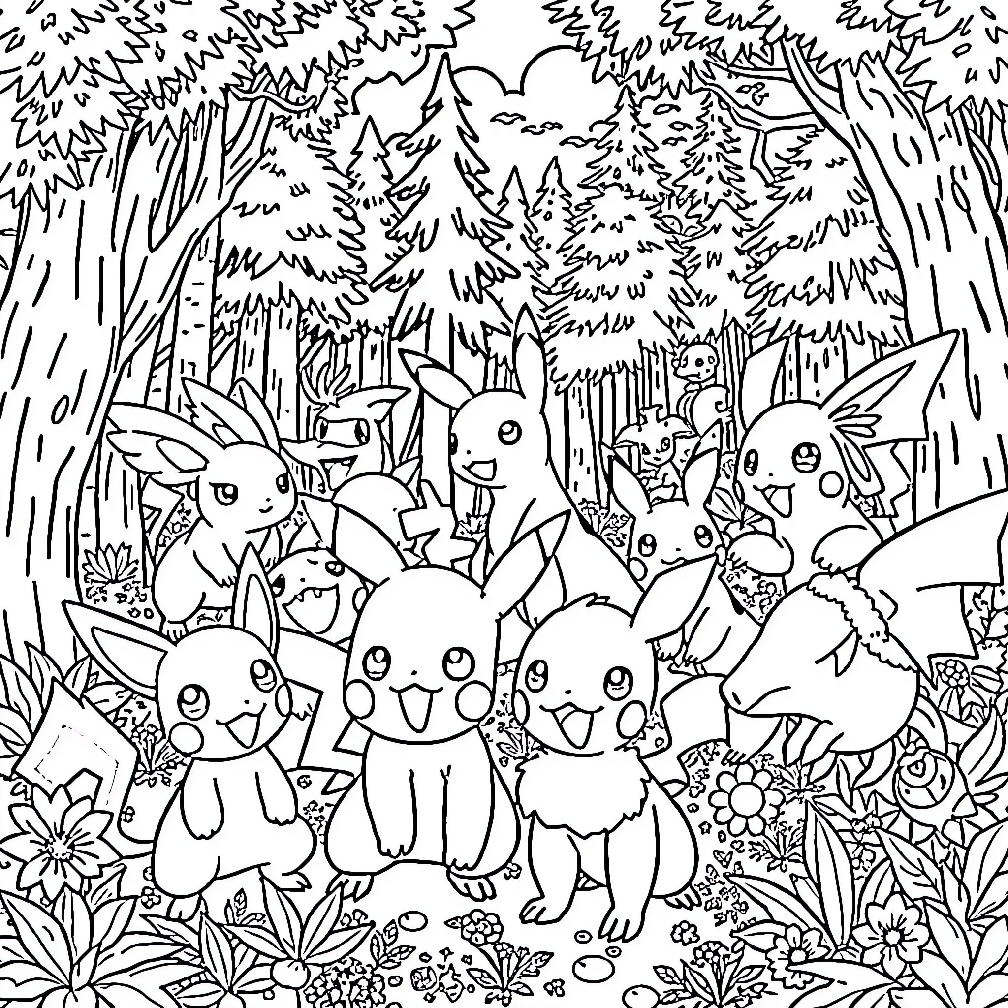 Pokémon gathering in the enchanted forest Coloring Page (free black-and-white line drawing printable PDF for all, from beginners to advanced learners, including children, teens, adults, and seniors)