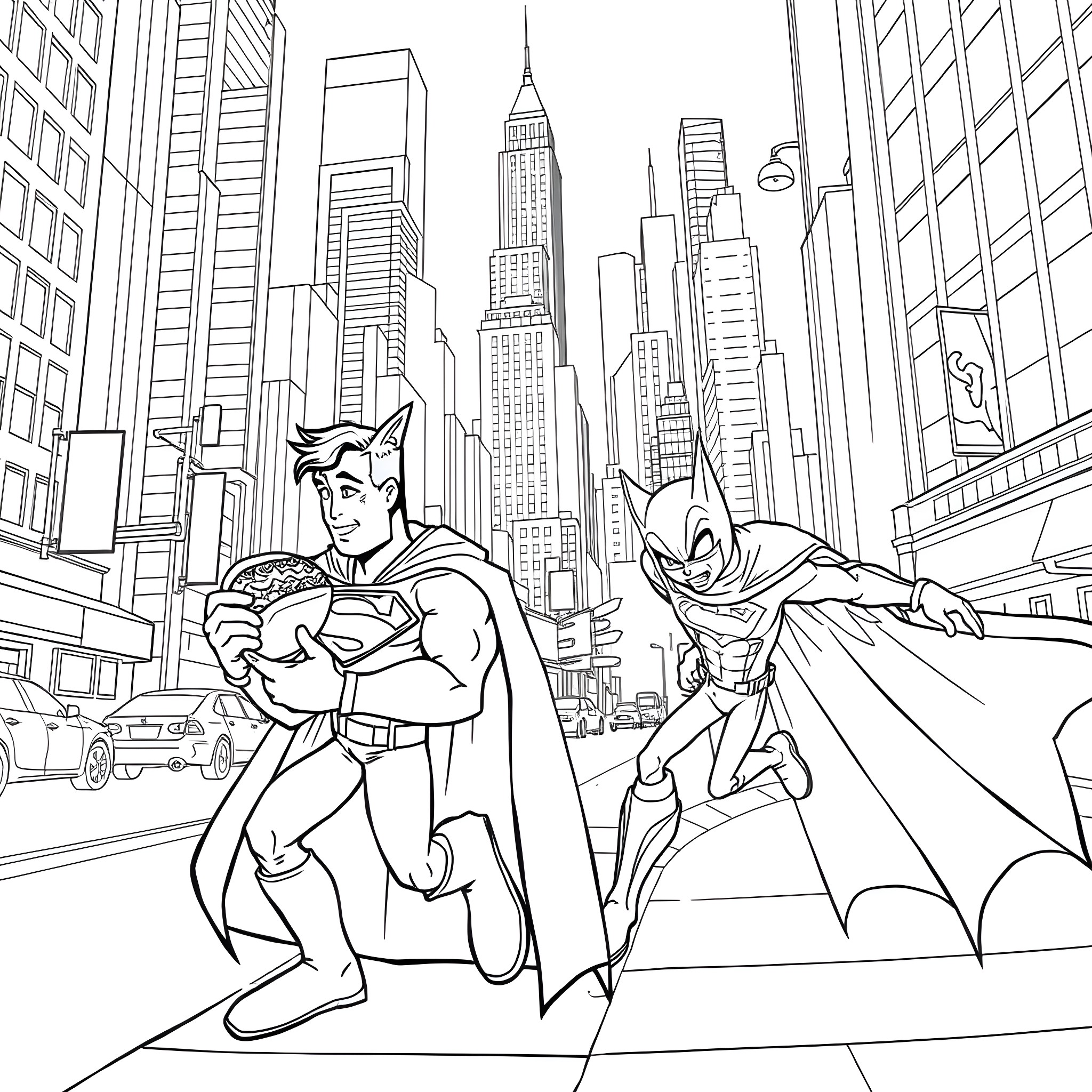 Superman and Bat-Man in action in the city Coloring Page (free black-and-white line drawing printable PDF for all, from beginners to advanced learners, including children, teens, adults, and seniors)