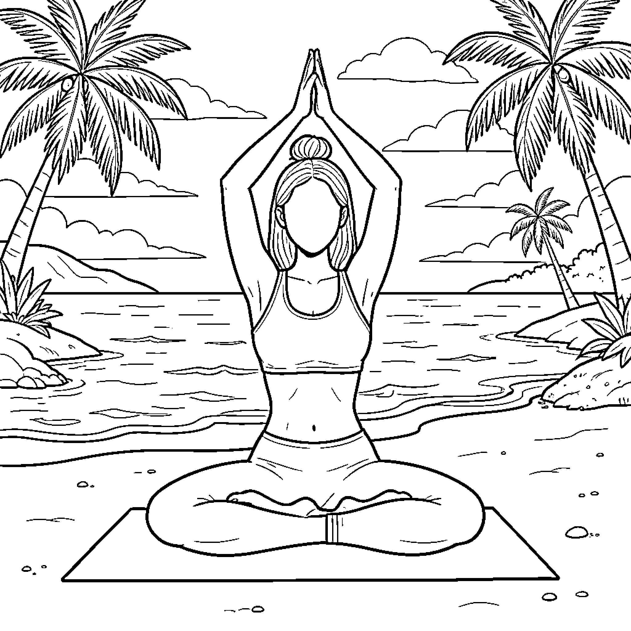 Yoga by the Tropical Beach Coloring Page (free black-and-white line drawing printable PDF for all, from beginners to advanced learners, including children, teens, adults, and seniors)