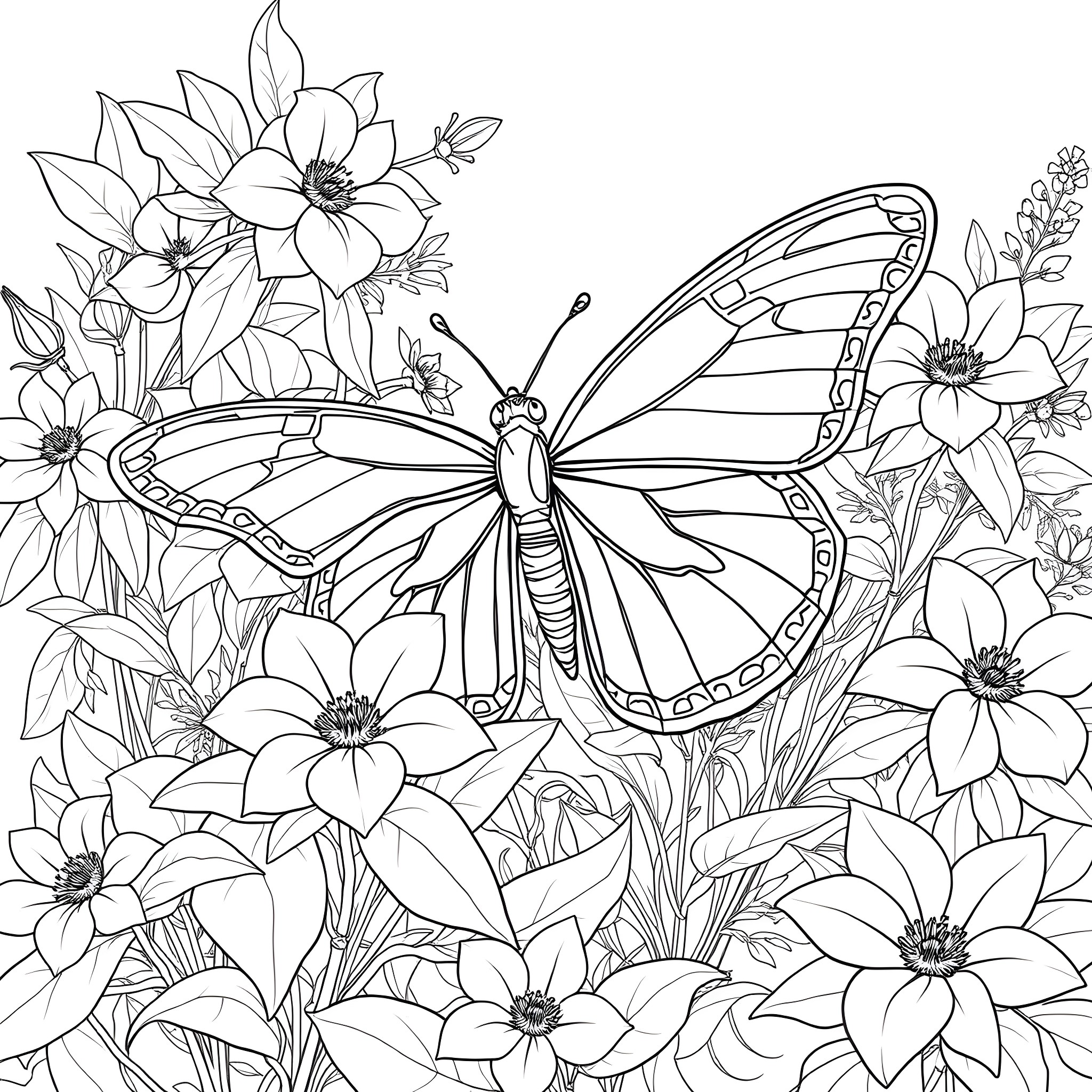 Cloud Butterfly gracefully dancing among blooming flowers Coloring Page (free black-and-white line drawing printable PDF for all, from beginners to advanced learners, including children, teens, adults, and seniors)