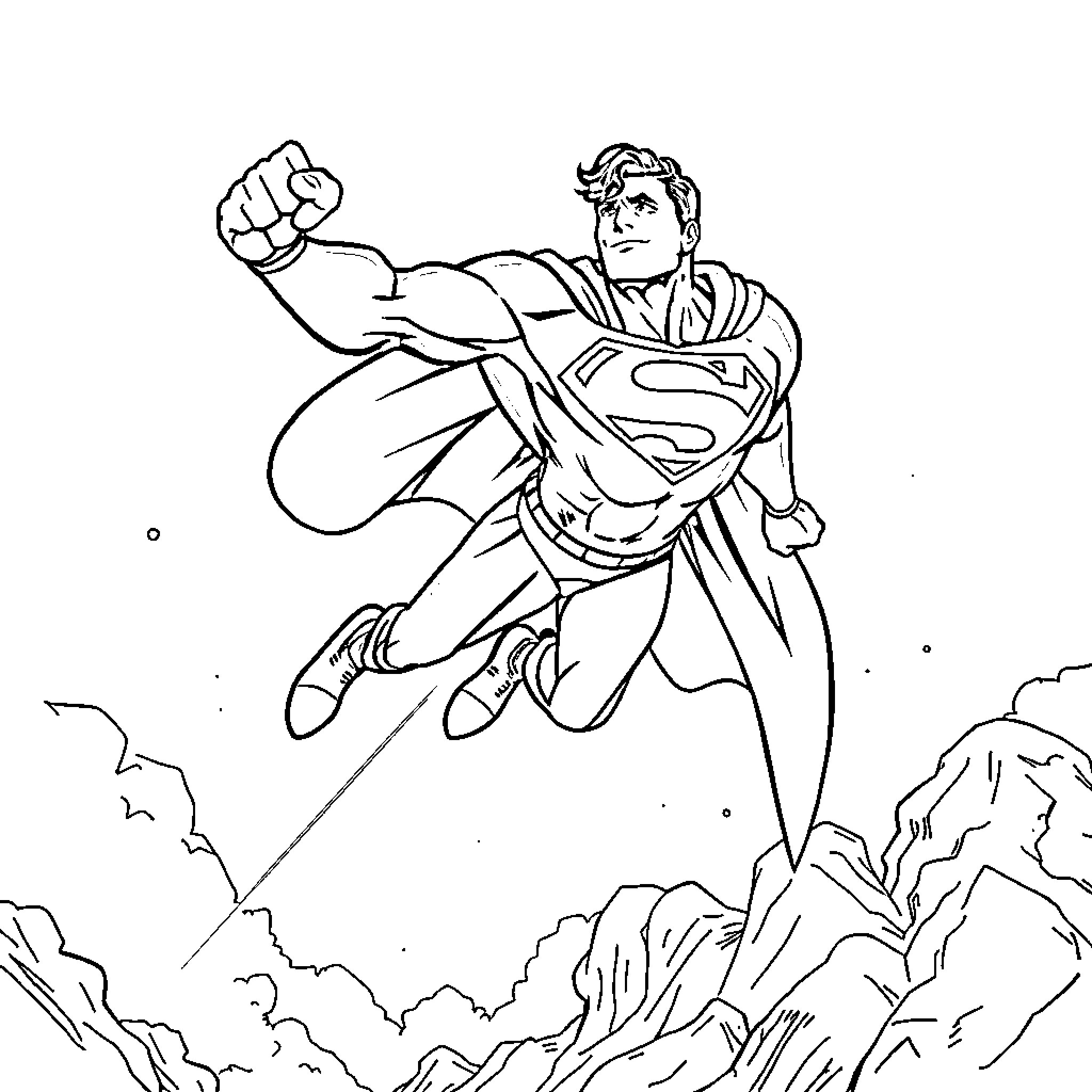 Superman soaring through the skies with determination Coloring Page (free black-and-white line drawing printable PDF for all, from beginners to advanced learners, including children, teens, adults, and seniors)