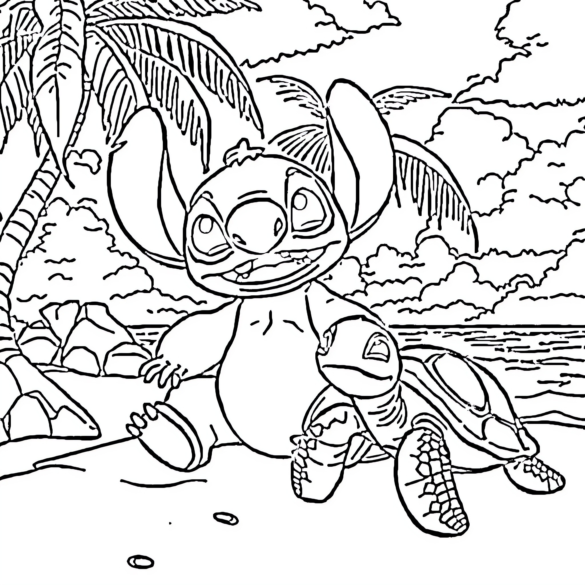 Stitch exploring tropical beach paradise Coloring Page (free black-and-white line drawing printable PDF for all, from beginners to advanced learners, including children, teens, adults, and seniors)
