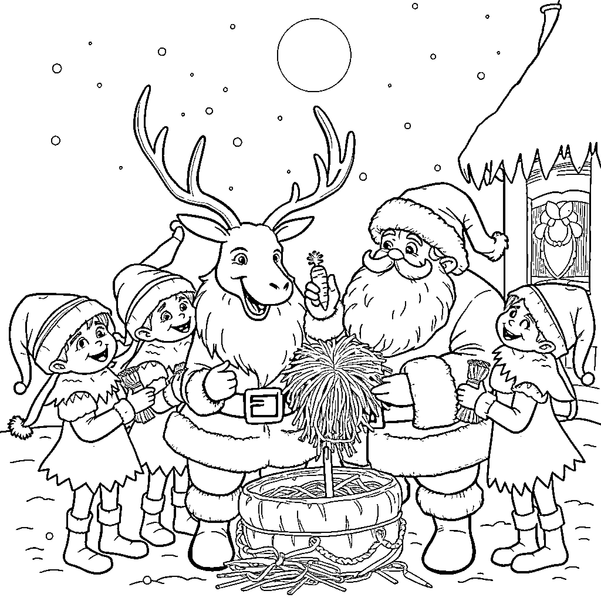 Reindeer and Santa Claus with Elves at Christmas Coloring Page (free black-and-white line drawing printable PDF for all, from beginners to advanced learners, including children, teens, adults, and seniors)