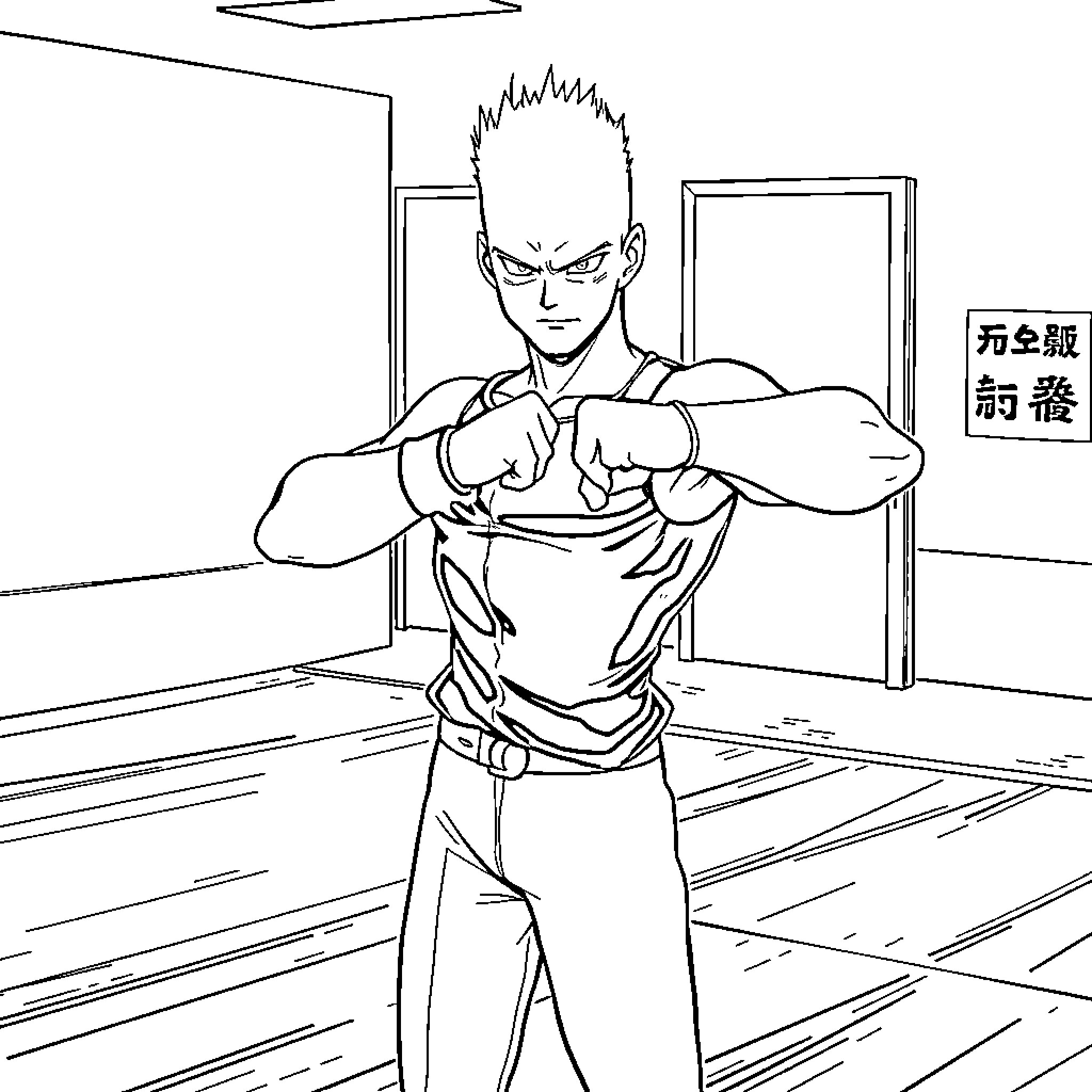 Saitama's Intense Martial Arts Training Coloring Page (free black-and-white line drawing printable PDF for all, from beginners to advanced learners, including children, teens, adults, and seniors)