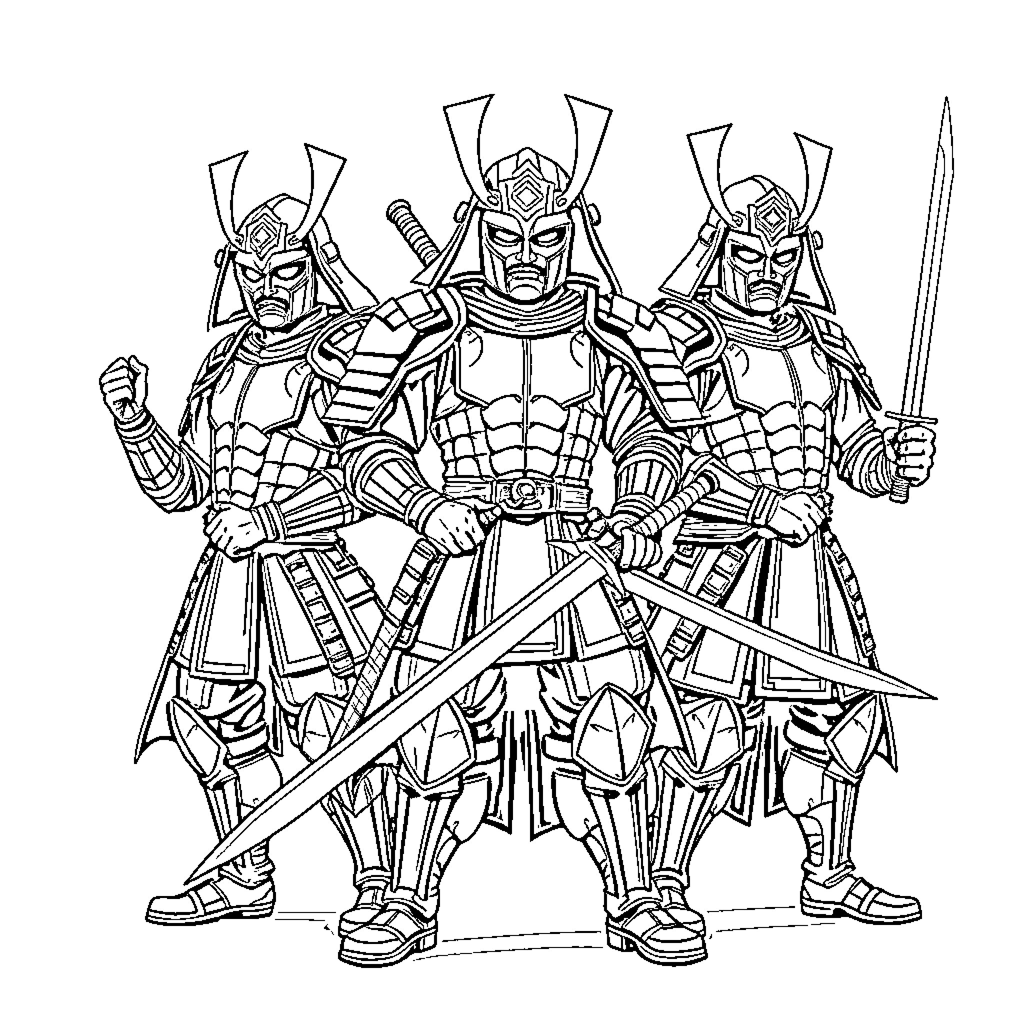 Samurai Warriors Brandishing Swords in Battle Stance Coloring Page (free black-and-white line drawing printable PDF for all, from beginners to advanced learners, including children, teens, adults, and seniors)