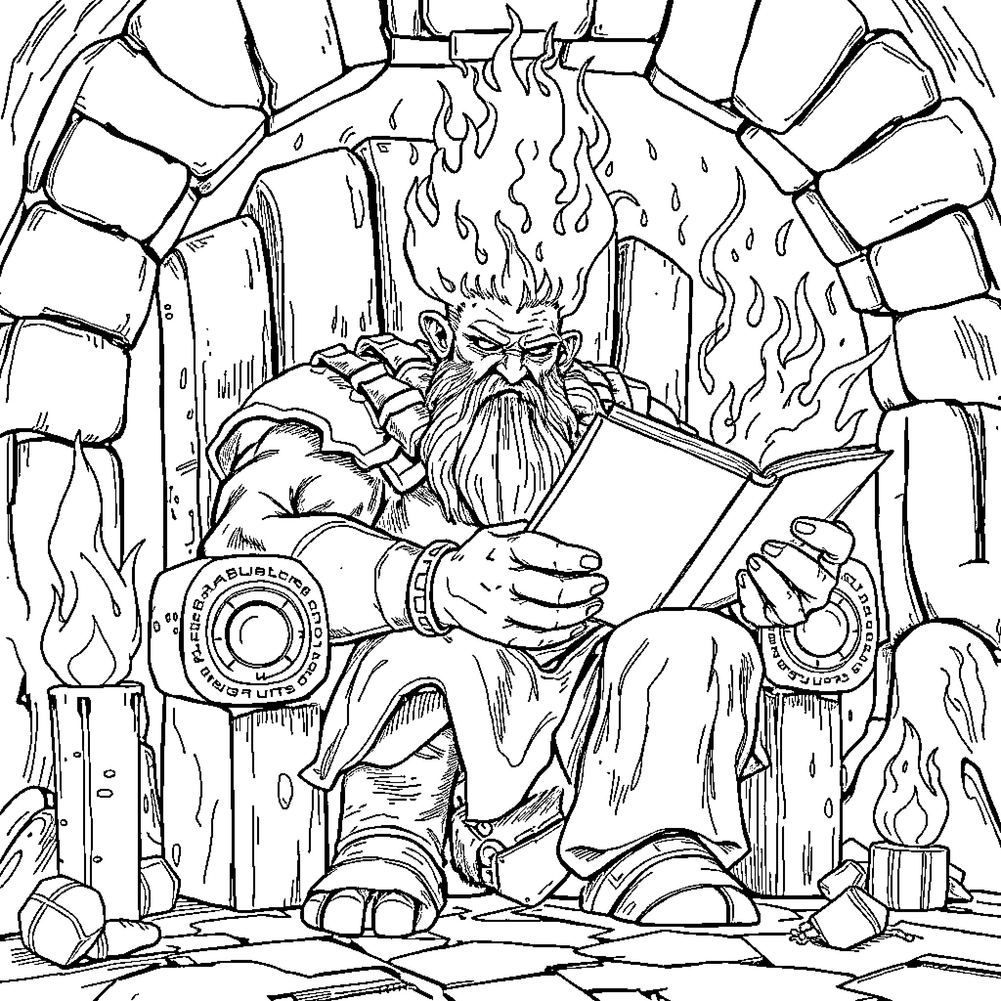 Fire Giant Reading Magical Tome in Fiery Chambers Coloring Page (free black-and-white line drawing printable PDF for all, from beginners to advanced learners, including children, teens, adults, and seniors)