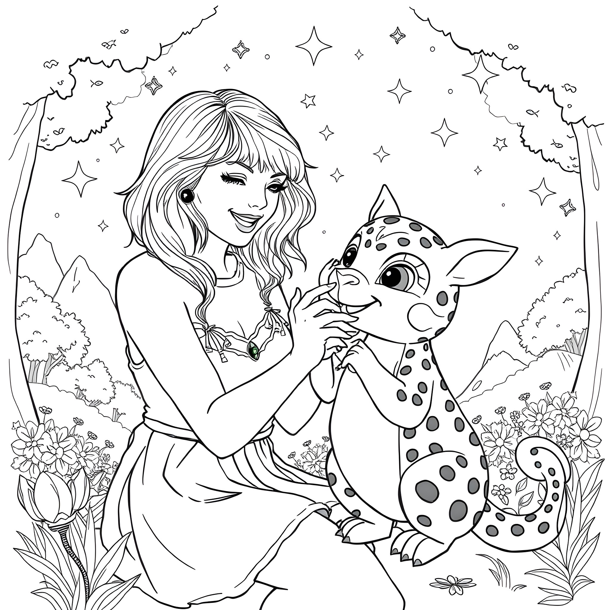 Taylor Swift cuddling with a spotted animal in a whimsical landscape Coloring Page (free black-and-white line drawing printable PDF for all, from beginners to advanced learners, including children, teens, adults, and seniors)