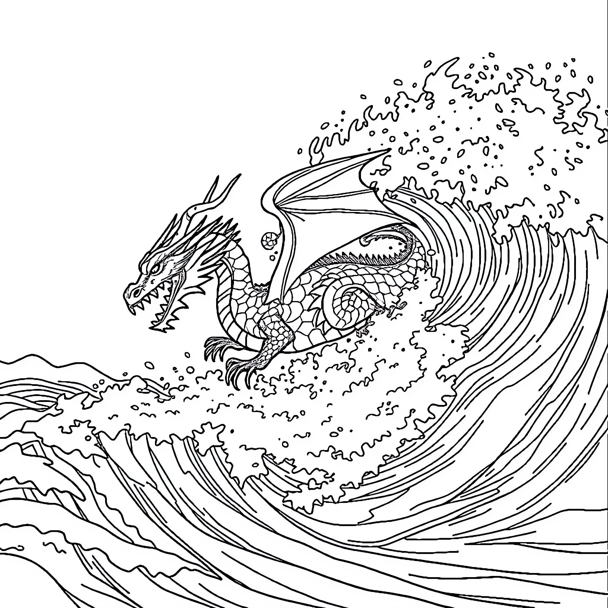 Dragon riding the powerful waves of the ocean Coloring Page (free black-and-white line drawing printable PDF for all, from beginners to advanced learners, including children, teens, adults, and seniors)