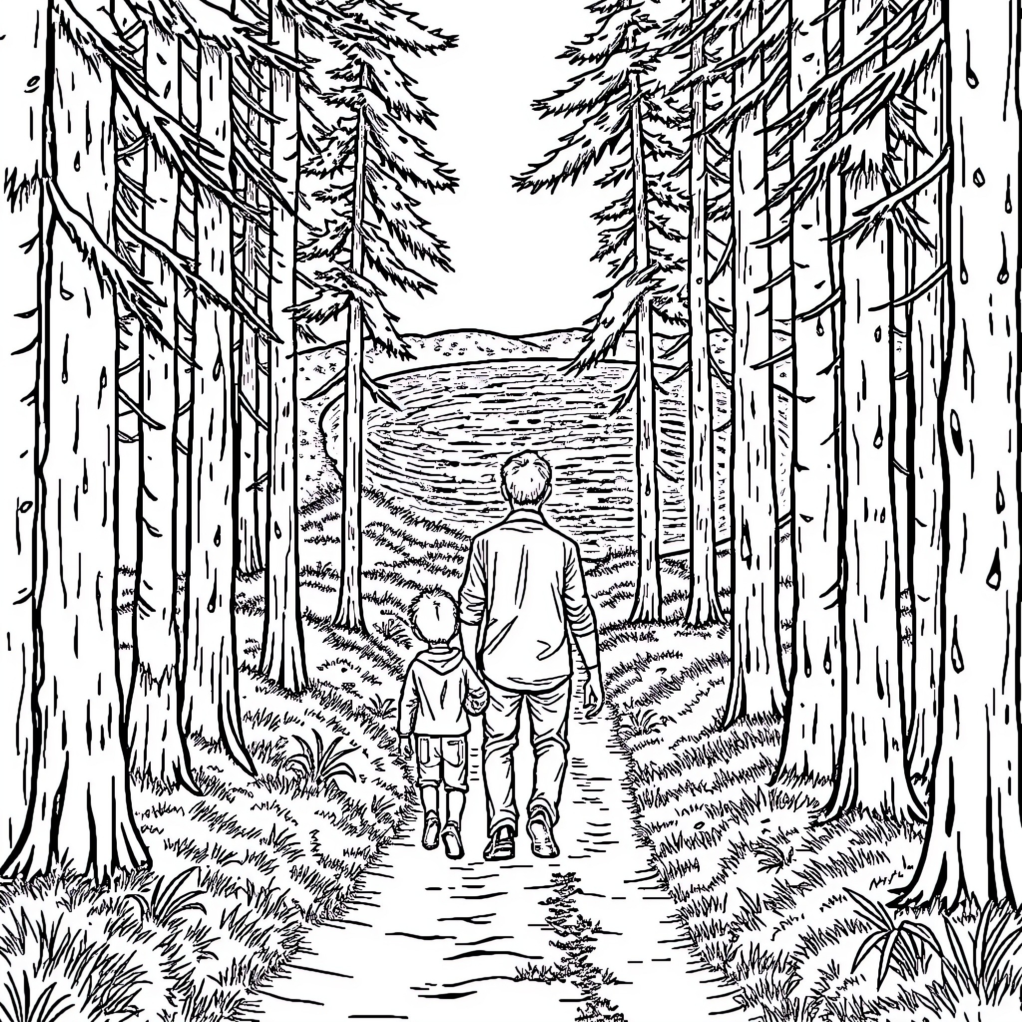 Father and child exploring the tranquil forest Coloring Page (free black-and-white line drawing printable PDF for all, from beginners to advanced learners, including children, teens, adults, and seniors)