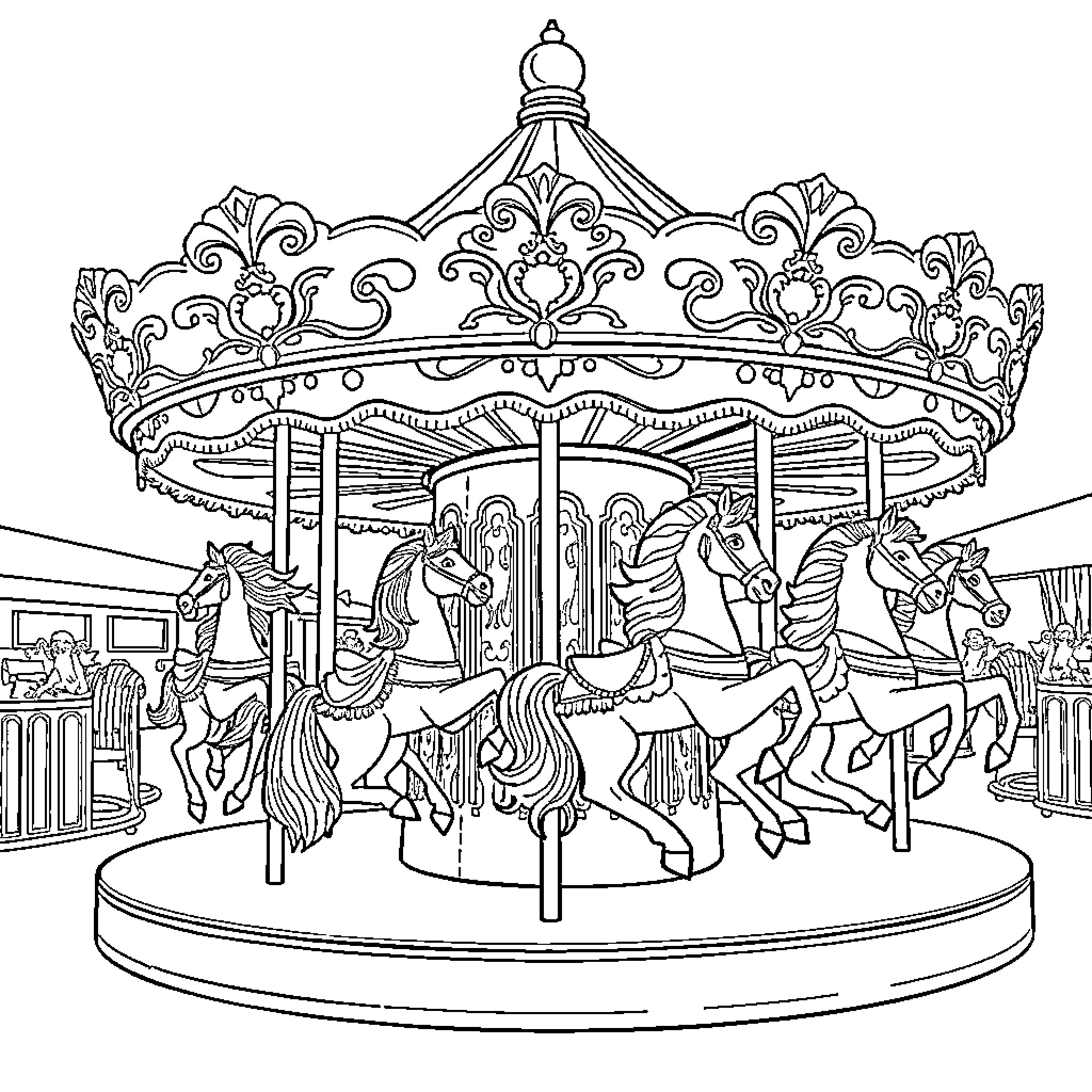 Carousel of whimsical rides and elegant designs Coloring Page (free black-and-white line drawing printable PDF for all, from beginners to advanced learners, including children, teens, adults, and seniors)
