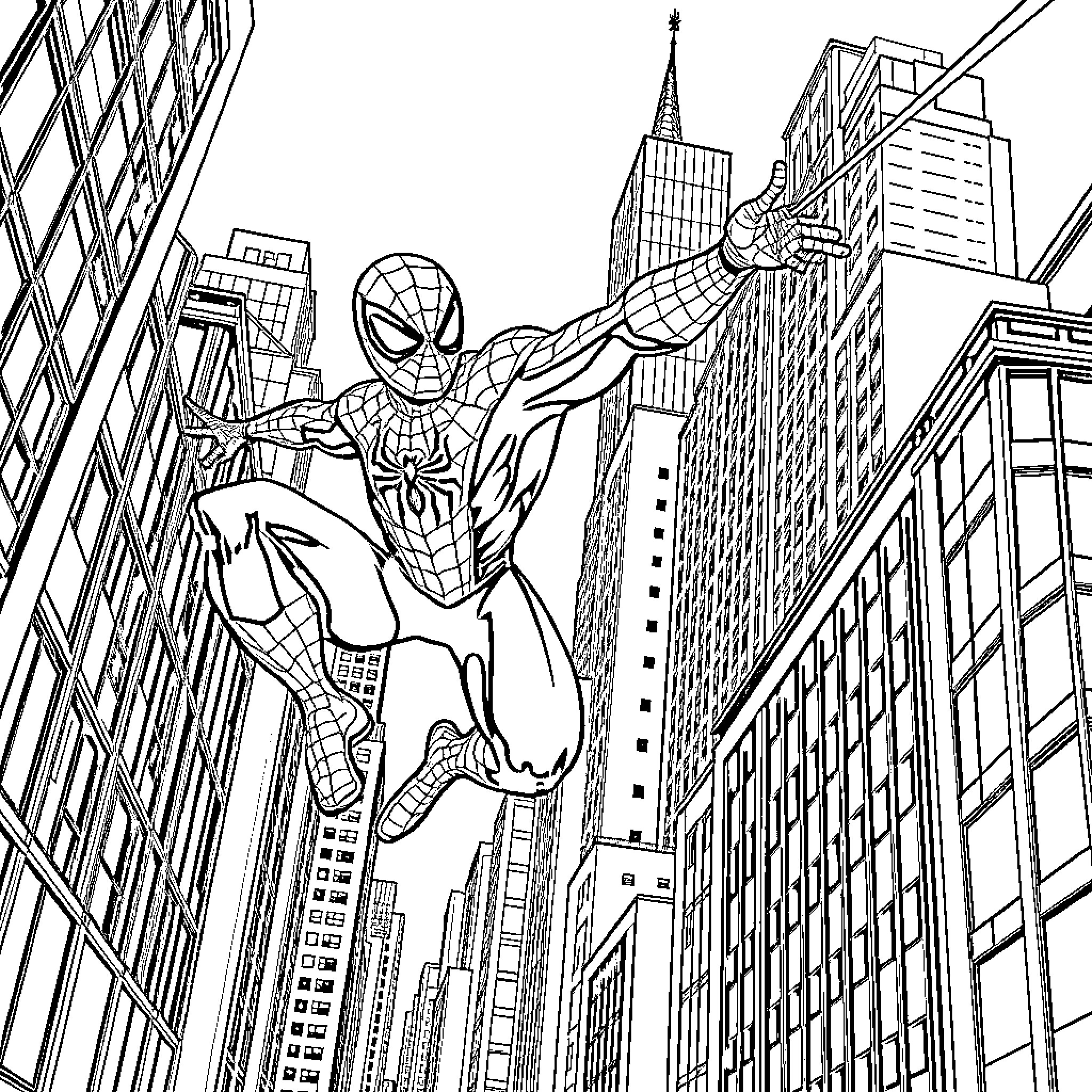 Spiderman swinging through the city skyline Coloring Page (free black-and-white line drawing printable PDF for all, from beginners to advanced learners, including children, teens, adults, and seniors)