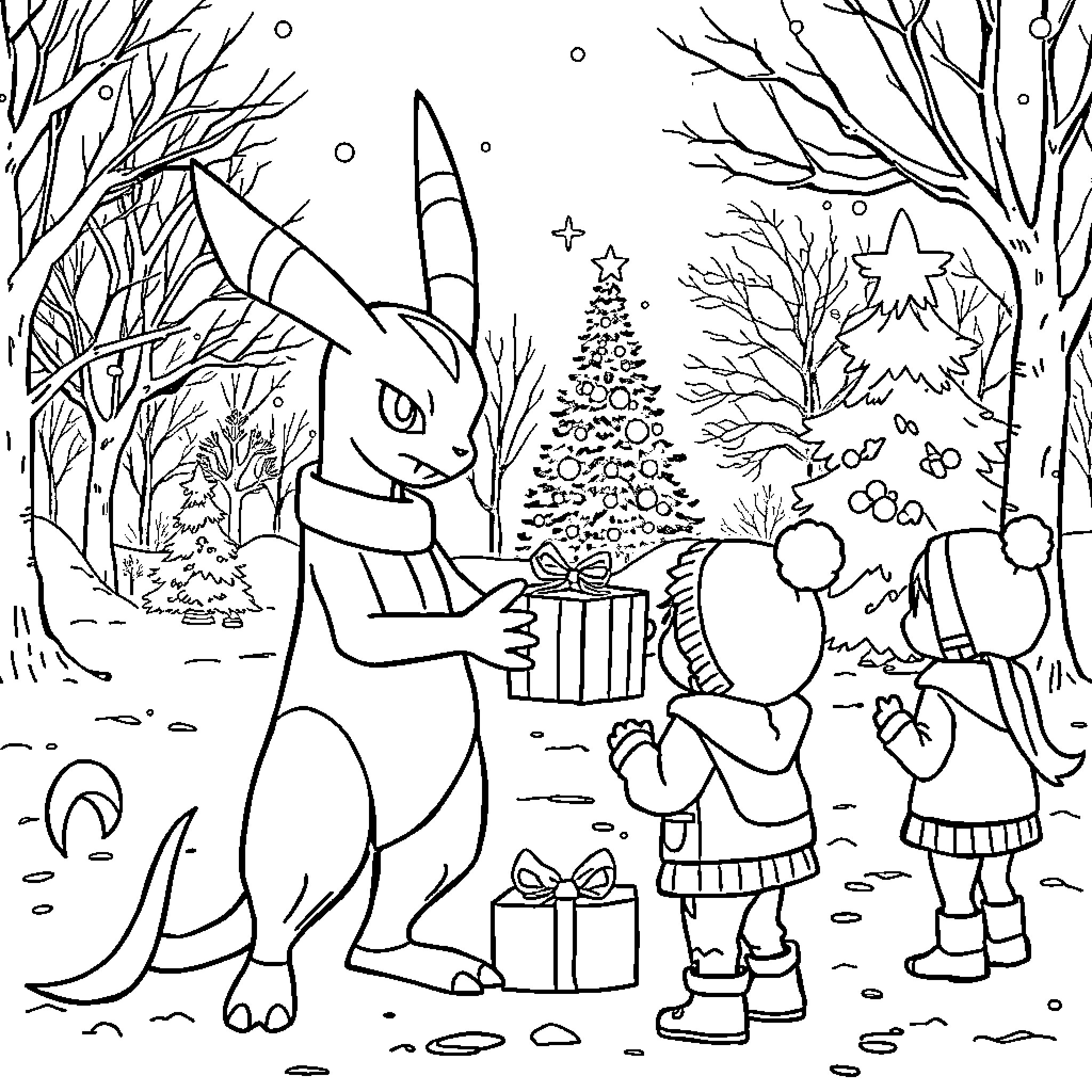 Mewtwo Celebrates Winter Festivities with Friends Coloring Page (free black-and-white line drawing printable PDF for all, from beginners to advanced learners, including children, teens, adults, and seniors)