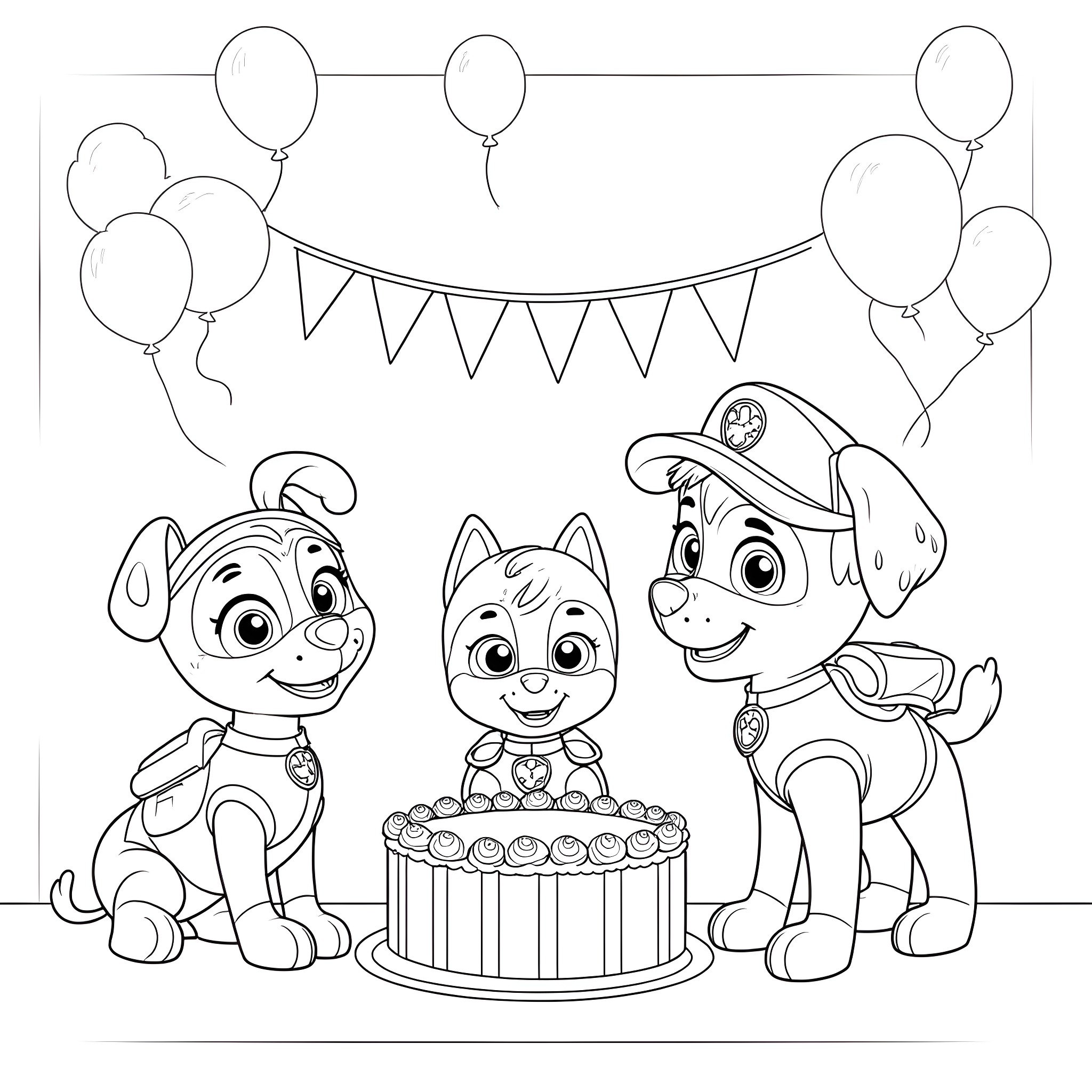 Paw Patrol celebrating party with birthday cake and balloons Coloring Page (free black-and-white line drawing printable PDF for all, from beginners to advanced learners, including children, teens, adults, and seniors)