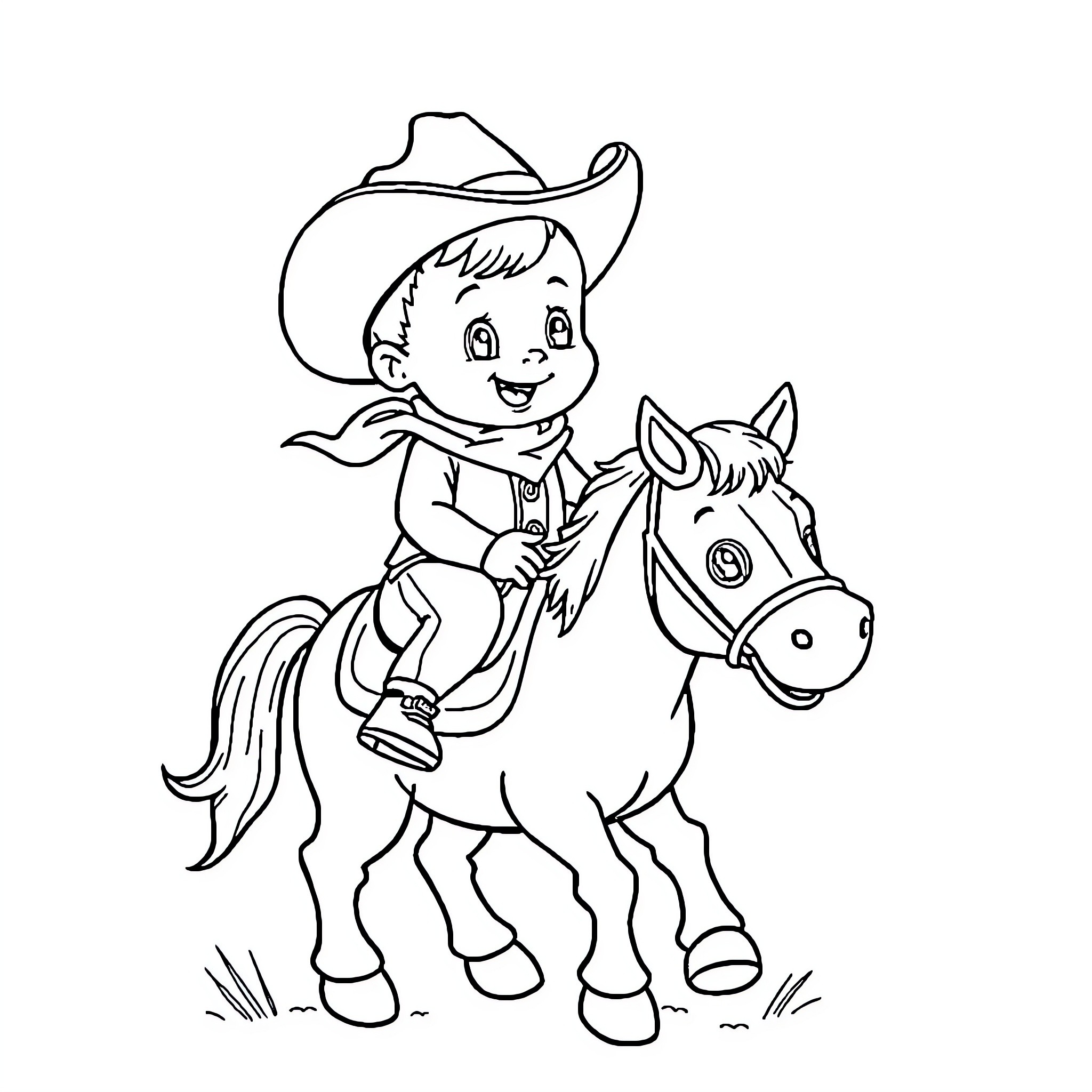 Cowboy kid riding on a horse Coloring Page (free black-and-white line drawing printable PDF for all, from beginners to advanced learners, including children, teens, adults, and seniors)