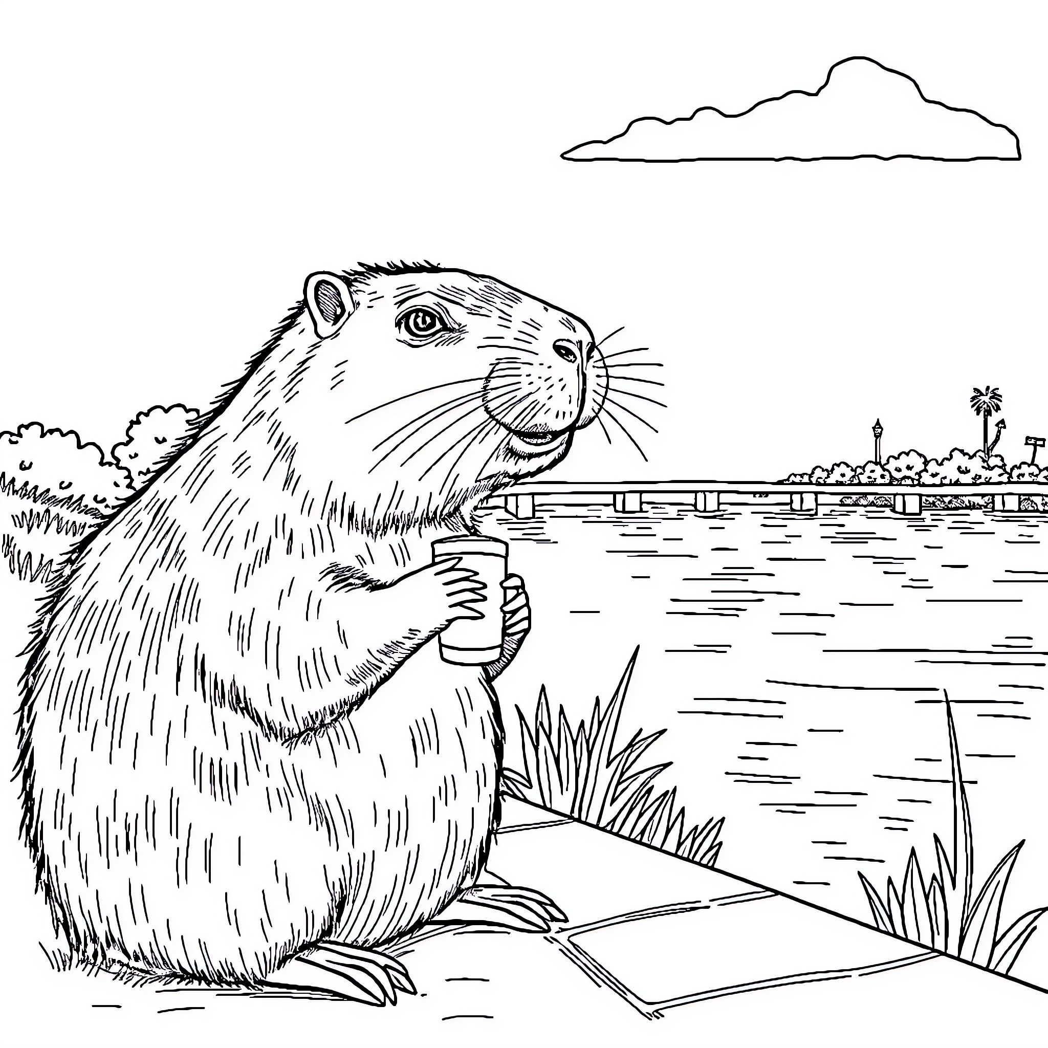 Capybara enjoying a peaceful day by the lake Coloring Page (free black-and-white line drawing printable PDF for all, from beginners to advanced learners, including children, teens, adults, and seniors)