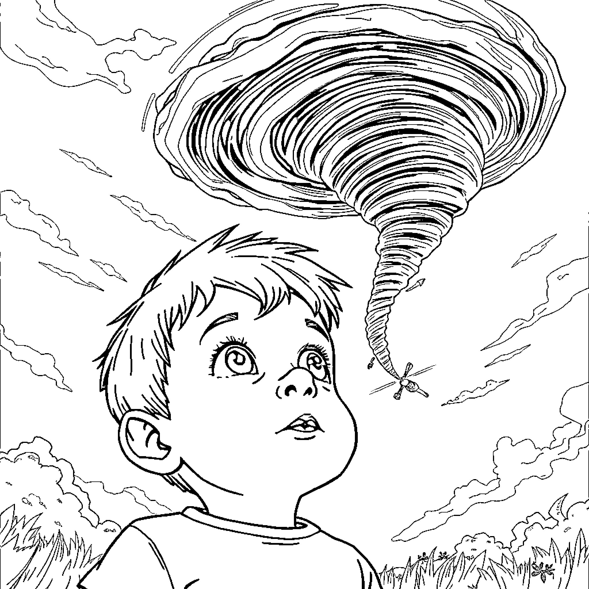 Boy facing powerful tornado in nature Coloring Page (free black-and-white line drawing printable PDF for all, from beginners to advanced learners, including children, teens, adults, and seniors)