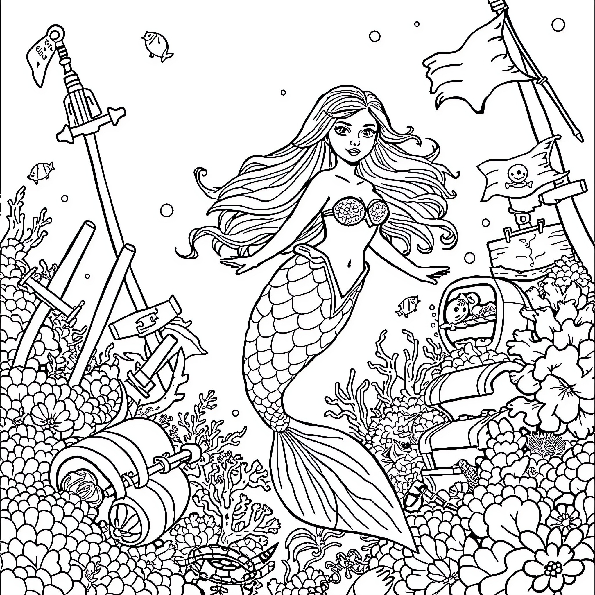 Mermaid exploring the underwater world Coloring Page (free black-and-white line drawing printable PDF for all, from beginners to advanced learners, including children, teens, adults, and seniors)
