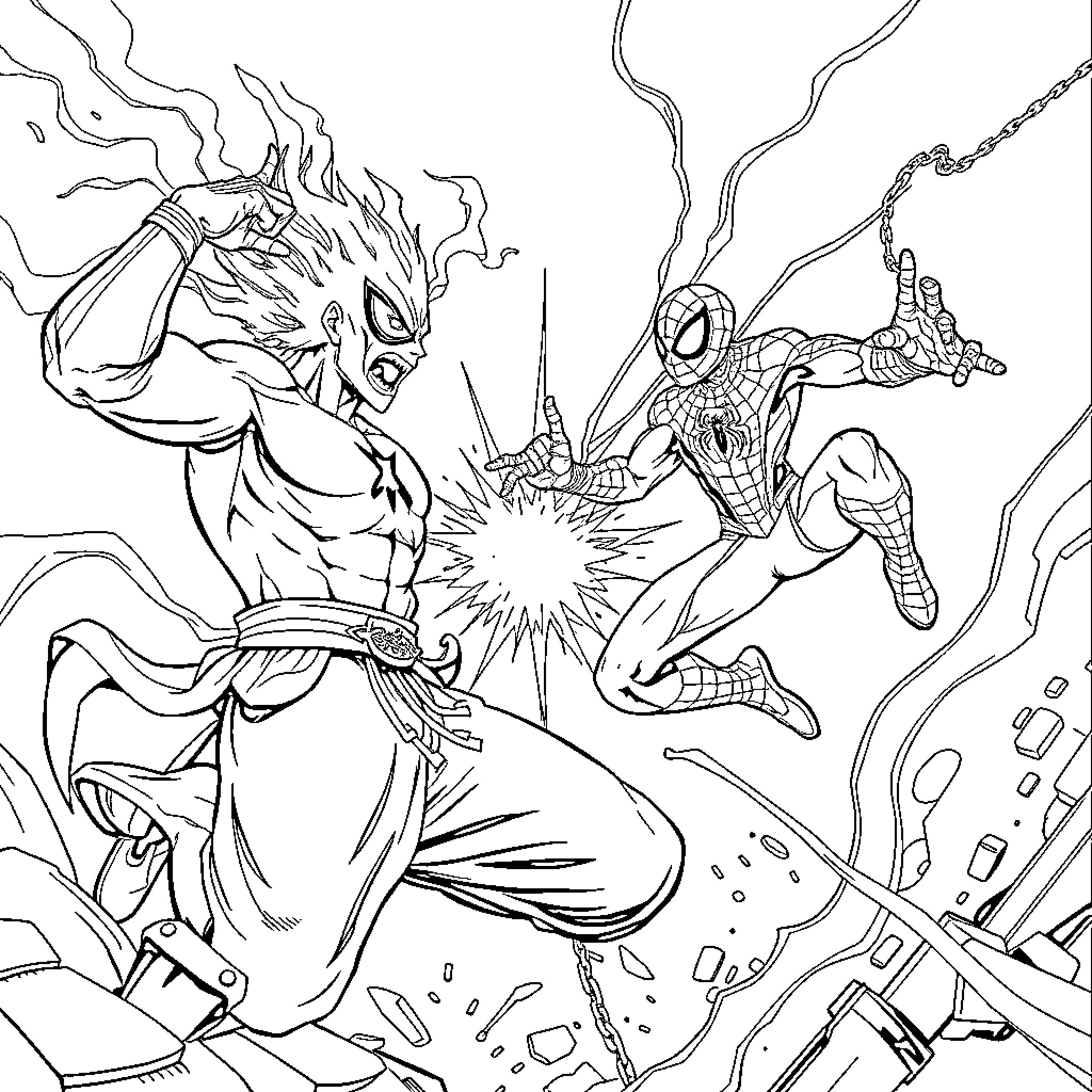 Sangoku Characters in Fierce Battle Coloring Page (free black-and-white line drawing printable PDF for all, from beginners to advanced learners, including children, teens, adults, and seniors)