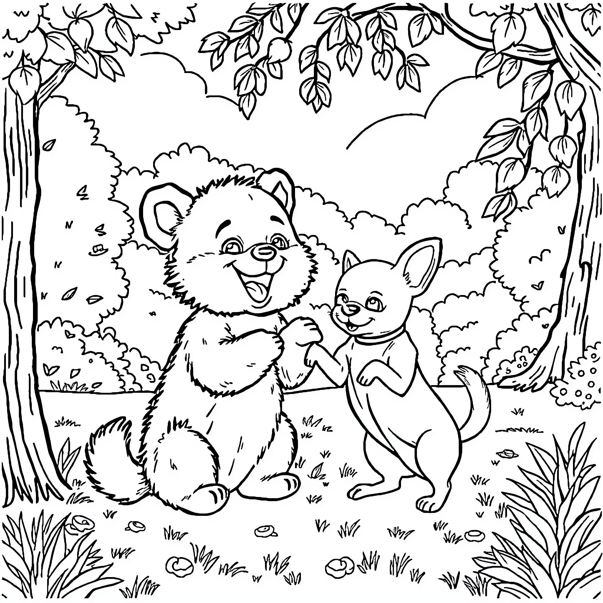 Brown Bear and Playful Friends in the Forest Coloring Page (free black-and-white line drawing printable PDF for all, from beginners to advanced learners, including children, teens, adults, and seniors)