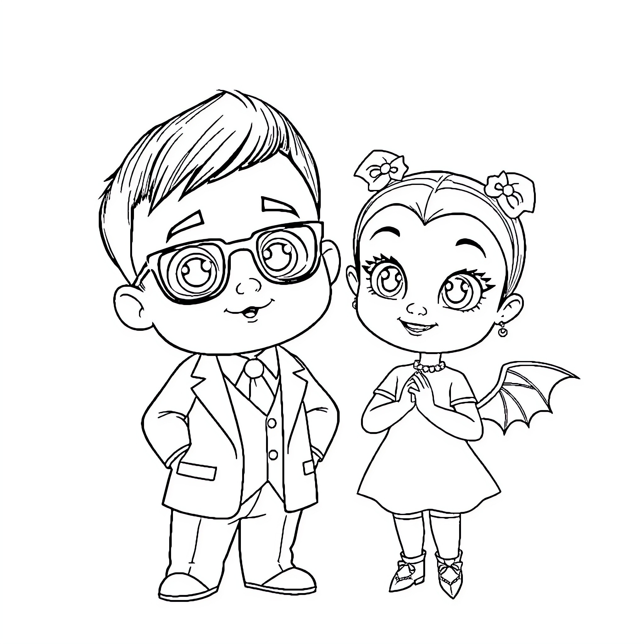 Boss Baby and Bat Girl in Formal Attire Coloring Page (free black-and-white line drawing printable PDF for all, from beginners to advanced learners, including children, teens, adults, and seniors)