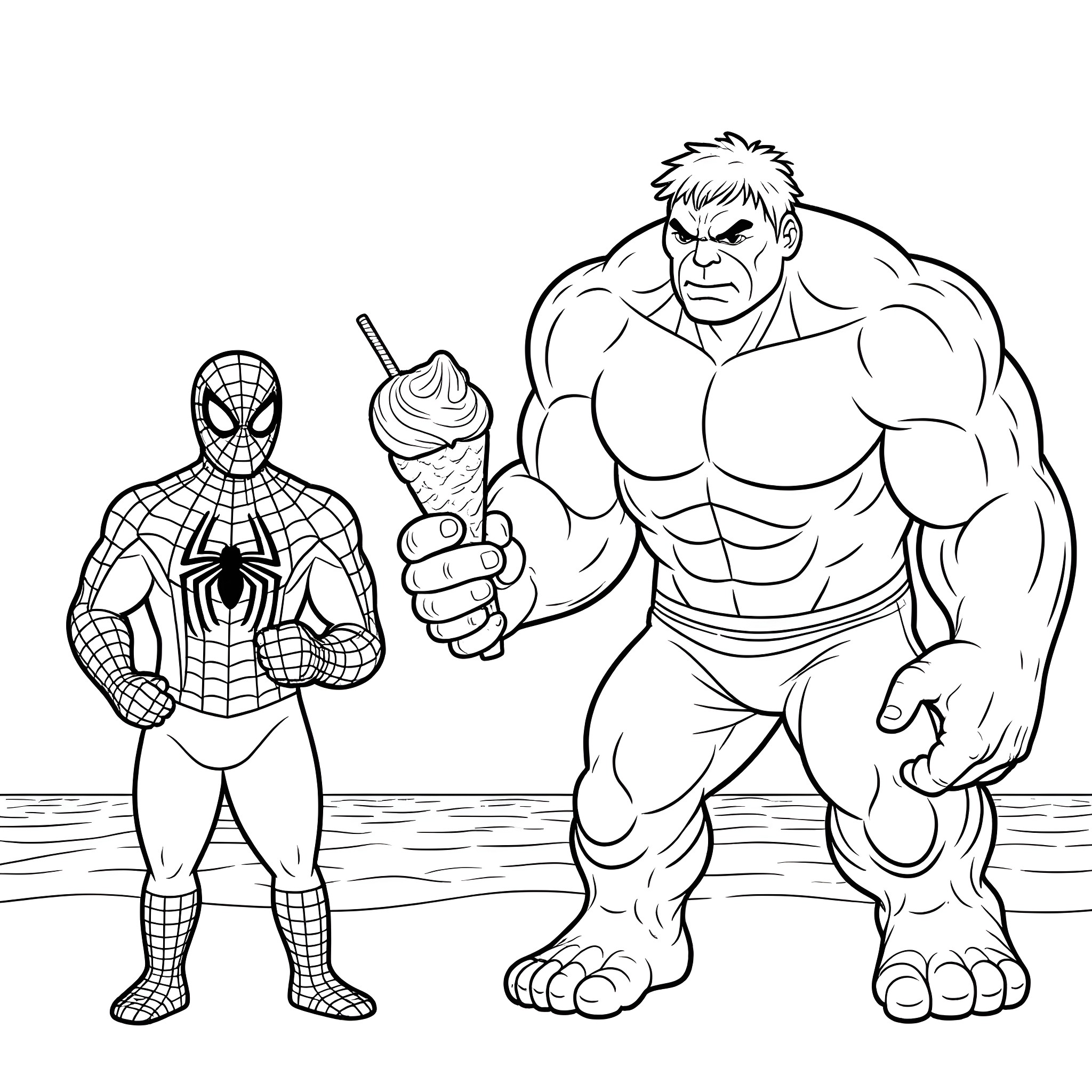 Spiderman confronting the Hulk in a standoff Coloring Page (free black-and-white line drawing printable PDF for all, from beginners to advanced learners, including children, teens, adults, and seniors)