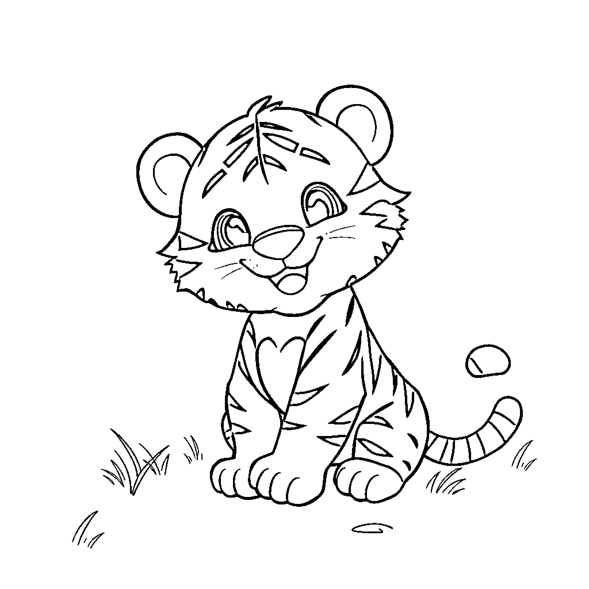 Tiger cub playing joyfully in the grass Coloring Page (free black-and-white line drawing printable PDF for all, from beginners to advanced learners, including children, teens, adults, and seniors)