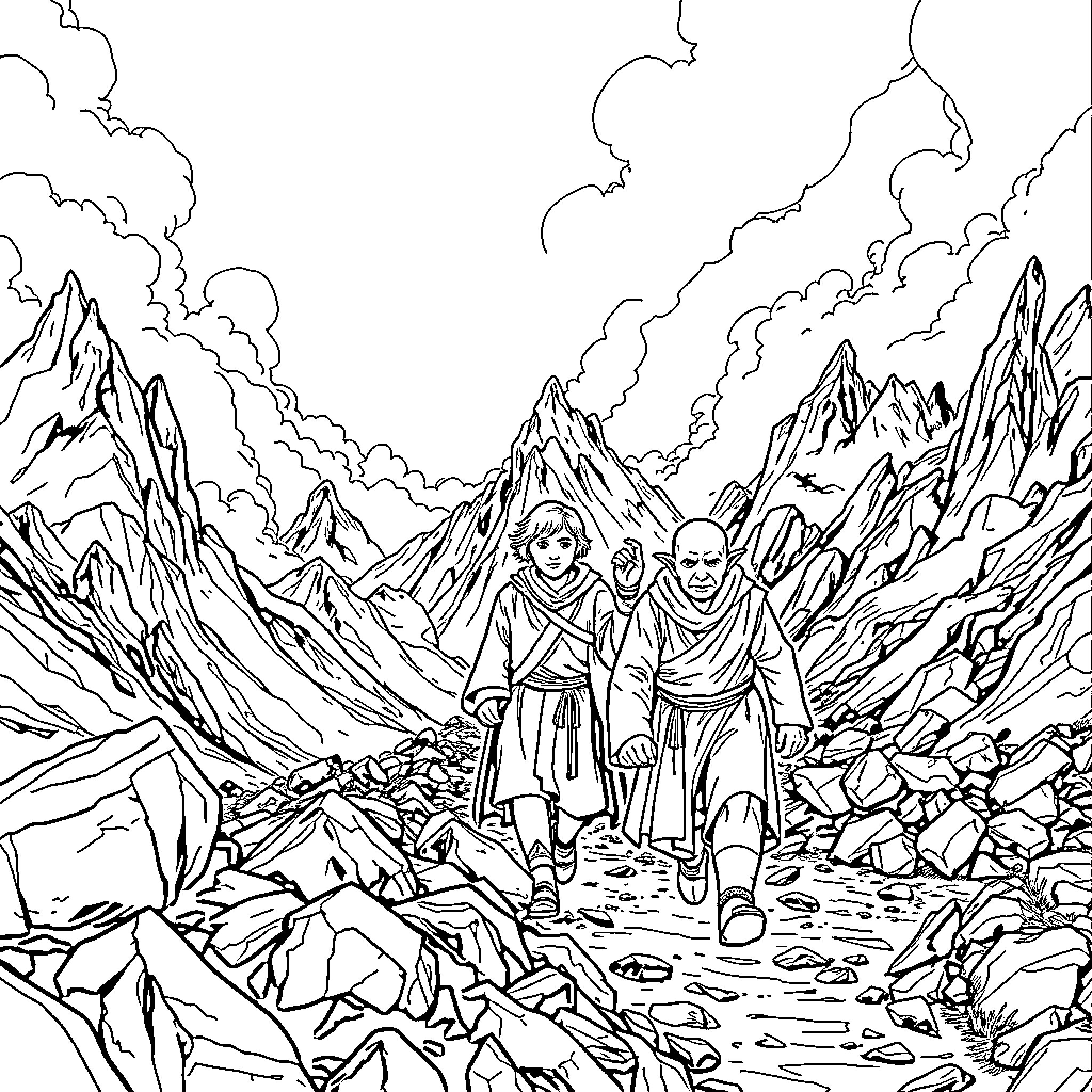 Frodo and companions trekking through treacherous mountain terrain Coloring Page (free black-and-white line drawing printable PDF for all, from beginners to advanced learners, including children, teens, adults, and seniors)