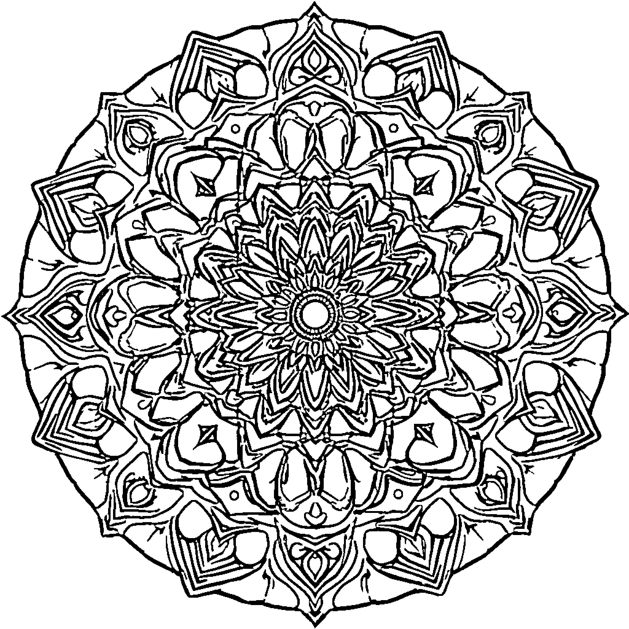 Mandala with intricate floral patterns Coloring Page (free black-and-white line drawing printable PDF for all, from beginners to advanced learners, including children, teens, adults, and seniors)